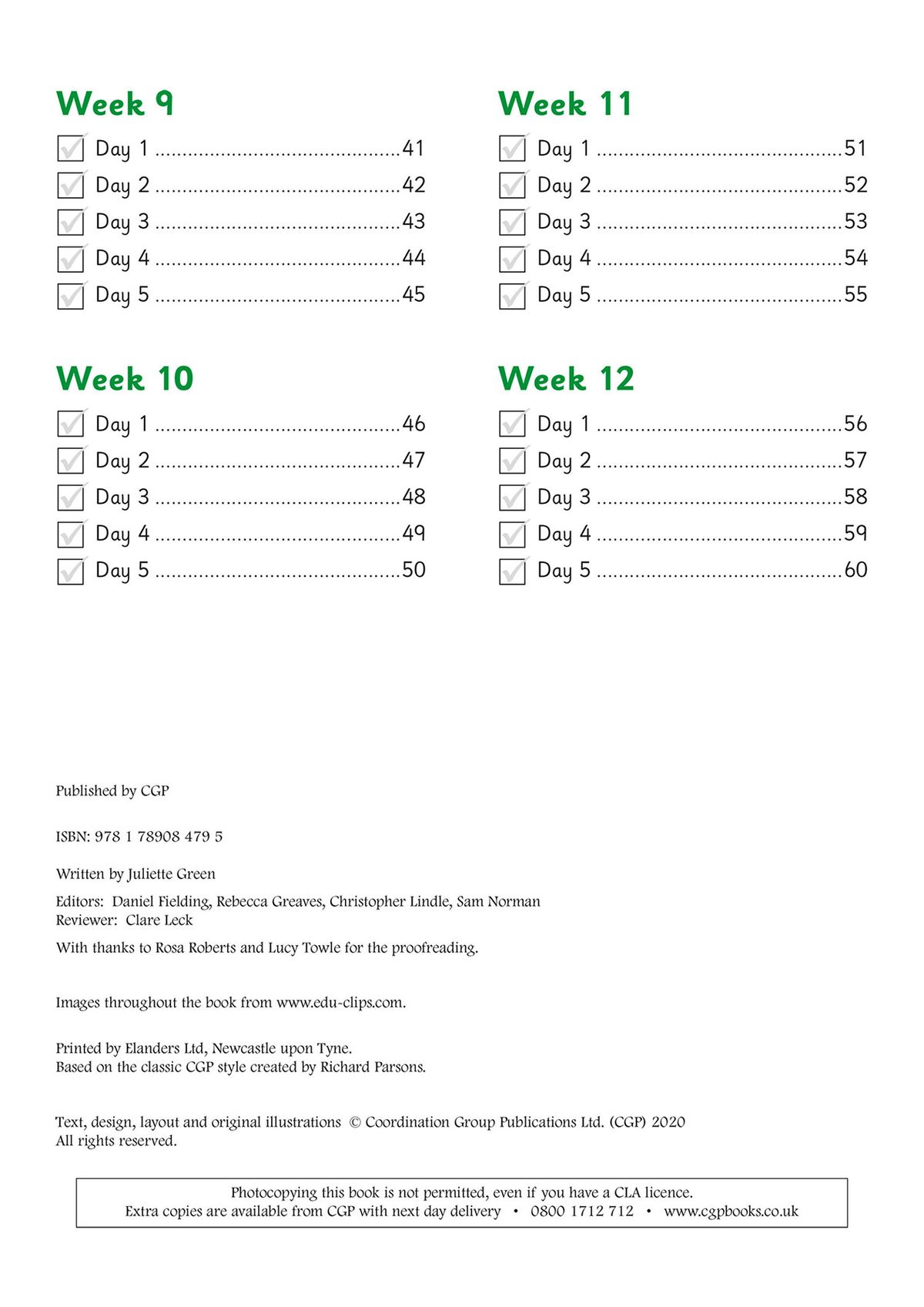 Contents page showing weekly overview with checkbox tracker for weeks 9 to 12