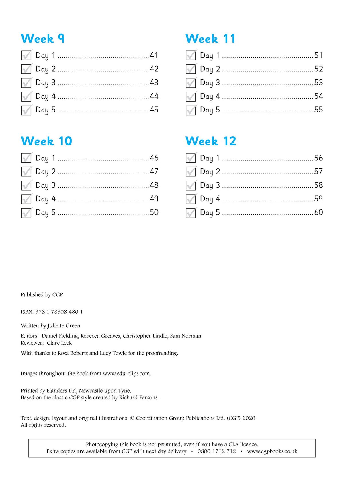Contents page showing 12 weeks of daily phonics activities organised by week and day