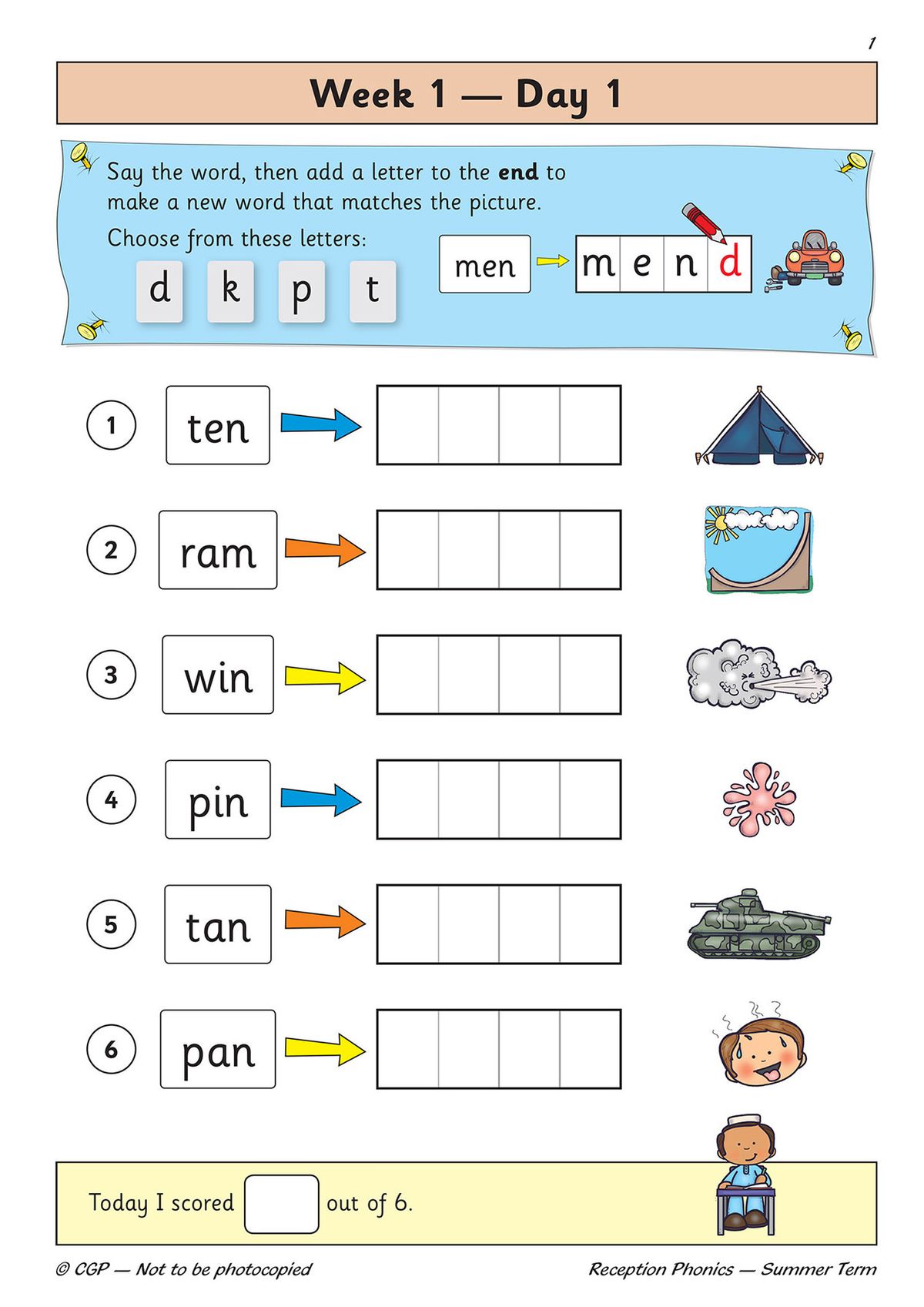 Sample phonics activity page showing word-building exercises with colourful illustrations