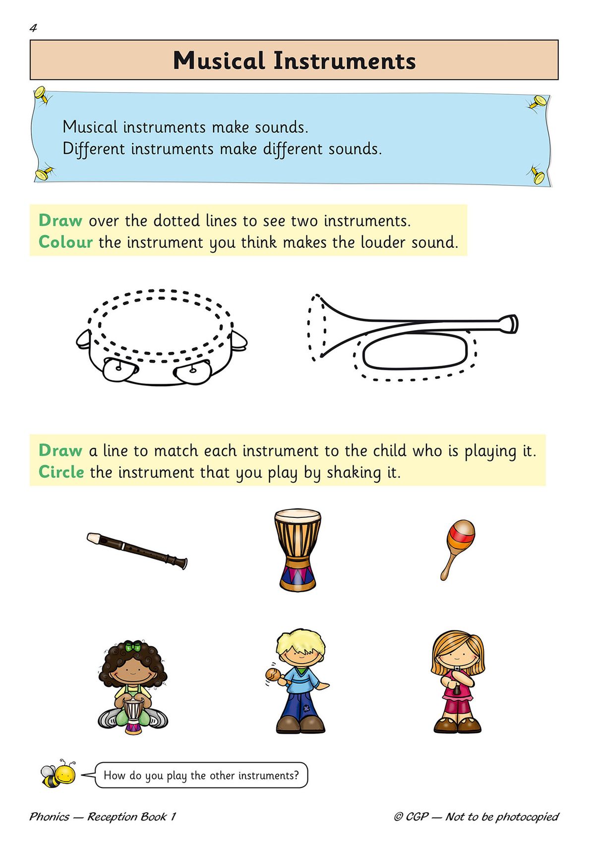 Sample page showing musical instruments activity with tambourine and trumpet