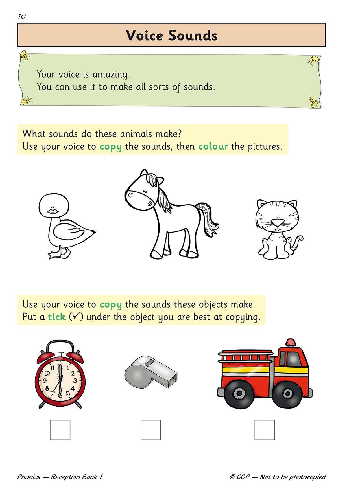 Sample page showing voice sounds activity with duck, horse and cat illustrations