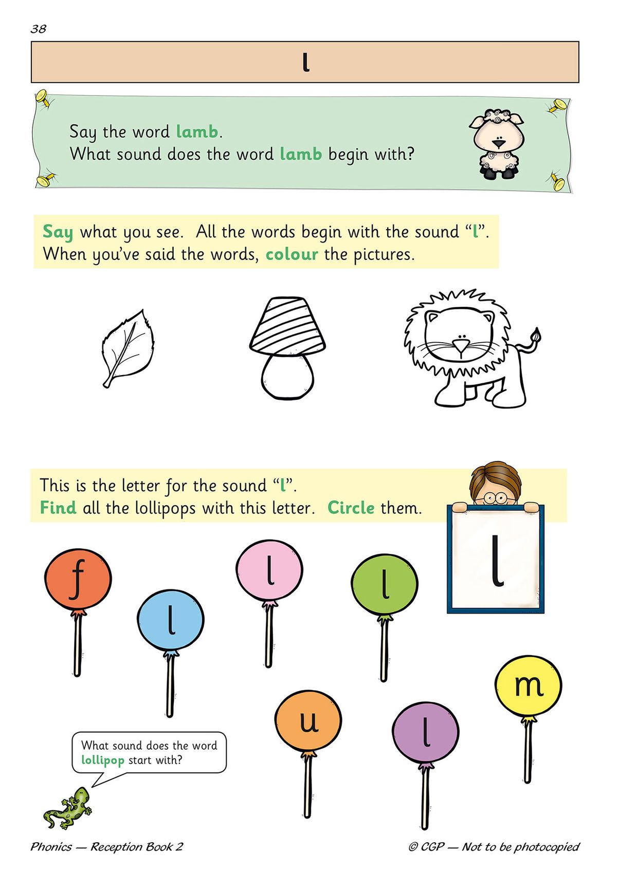 Page focusing on the letter l sound with colouring and identification tasks