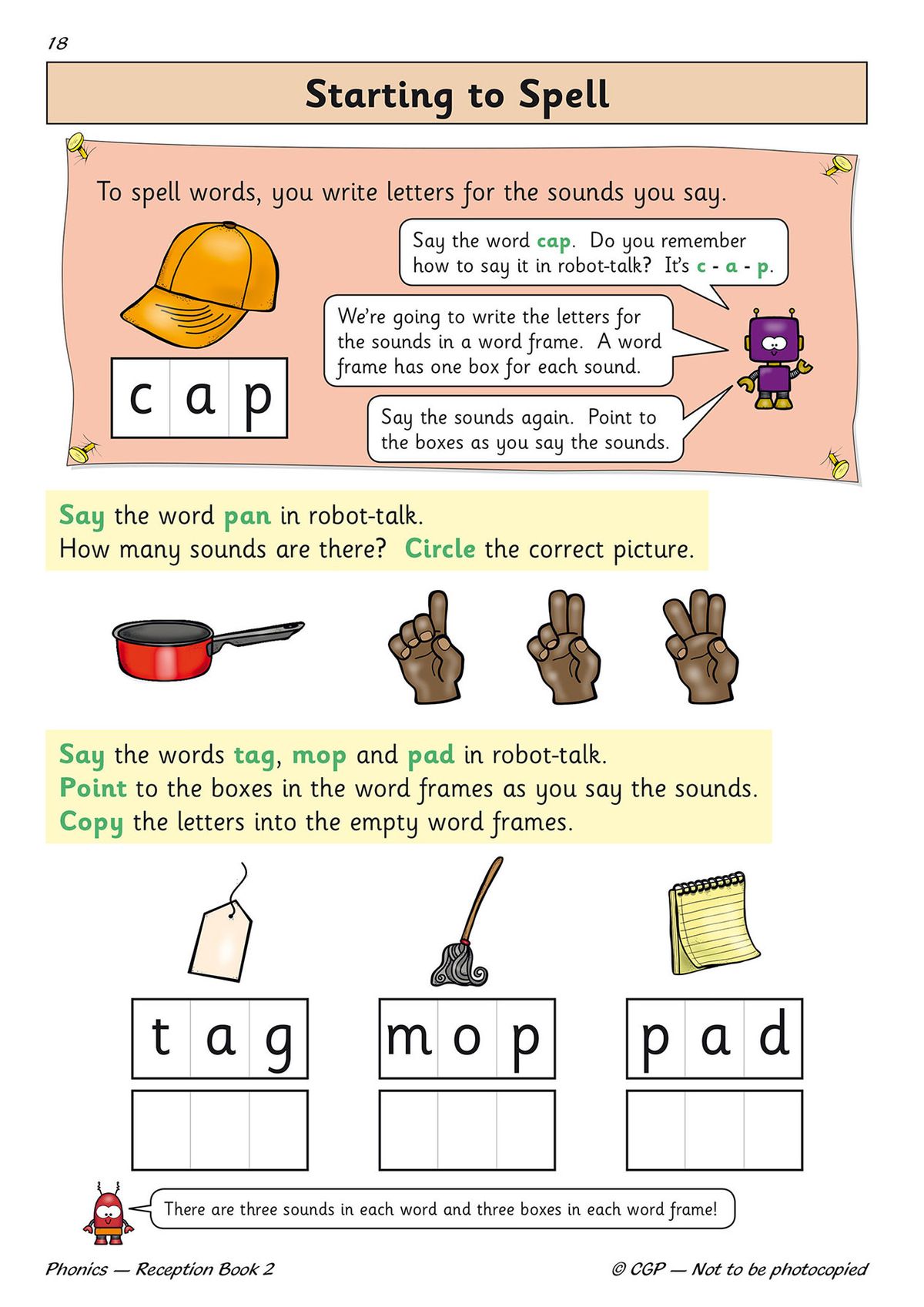 Spelling activity page from Phonics Workbook Book 2 with word frames and robot-talk instructions