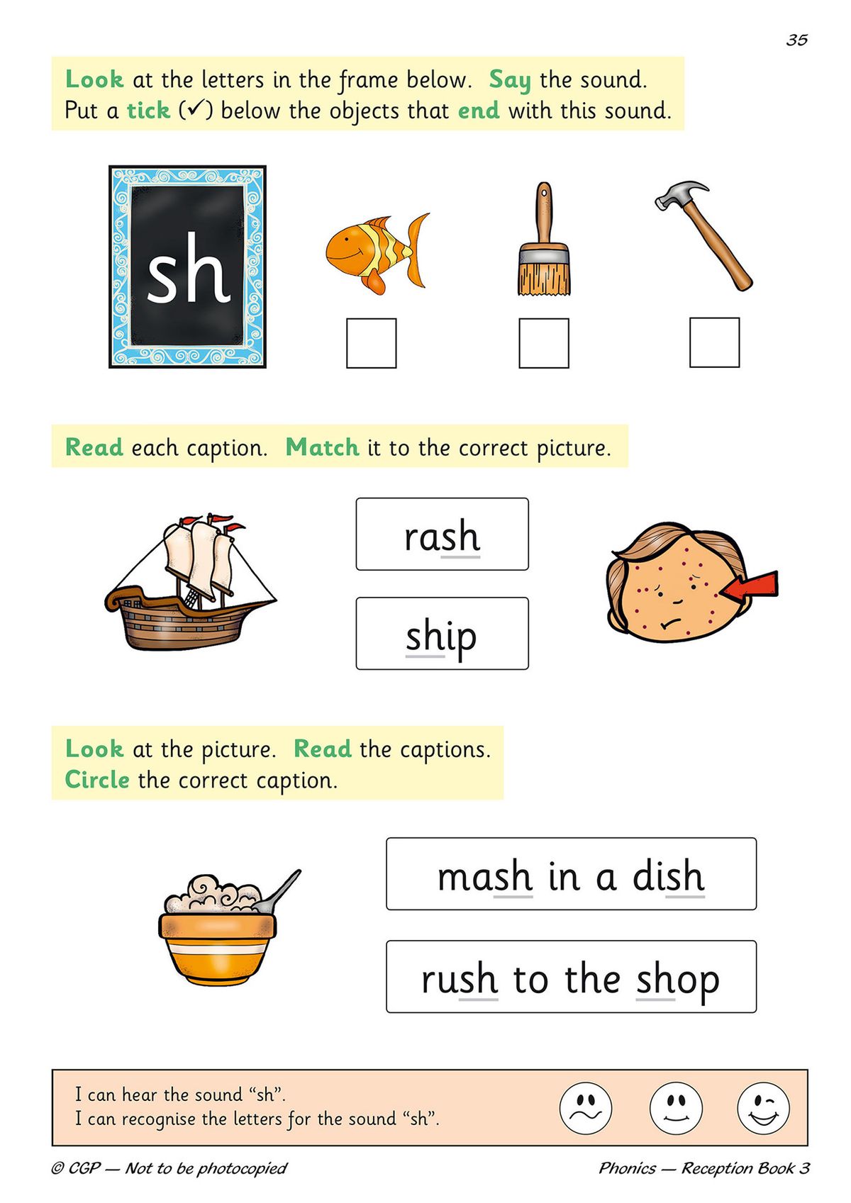 Phonics activity page showing the 'sh' sound with matching and reading exercises