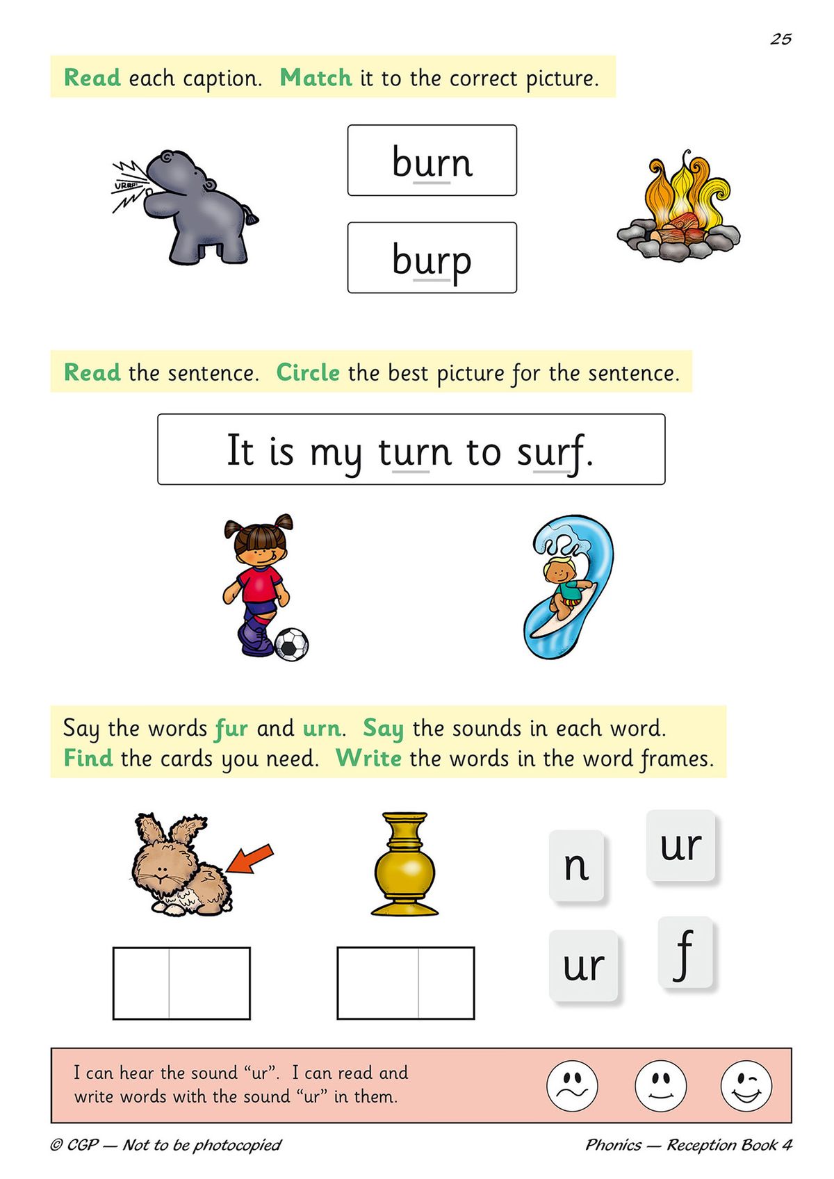 Sample page featuring matching and sentence activities with 'ur' sound