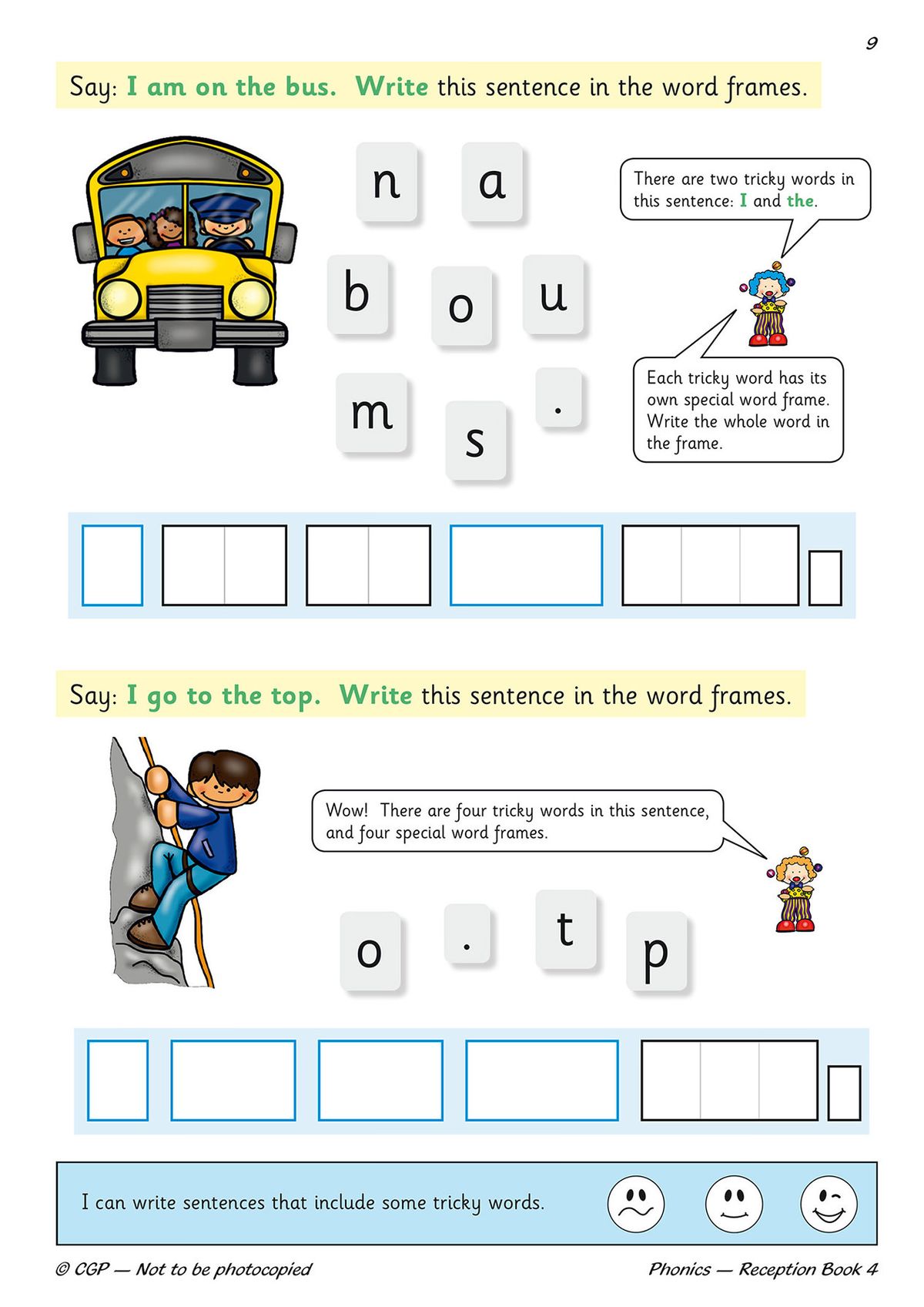 Sample page showing sentence building with tricky words and word frames