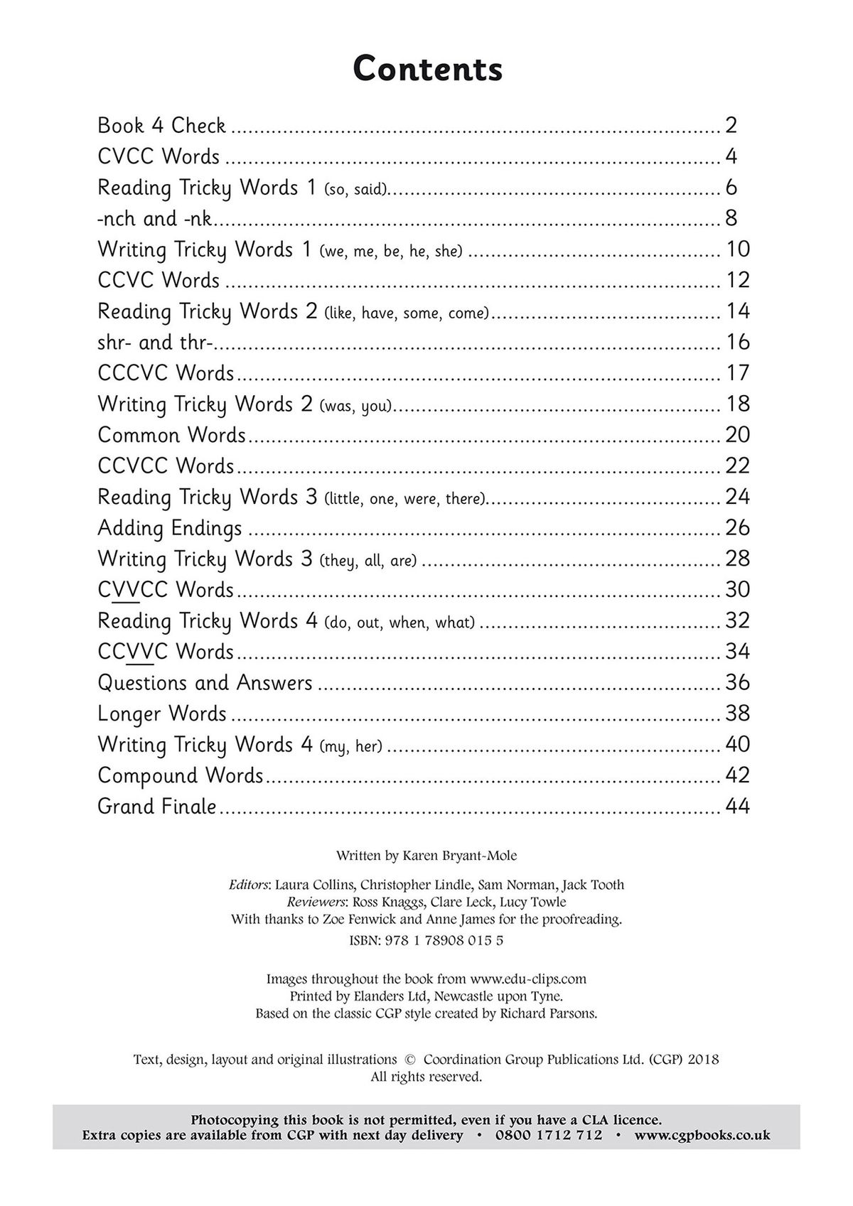 Contents page from Phonics Workbook Book 5 showing consonant clusters, tricky words, and compound words