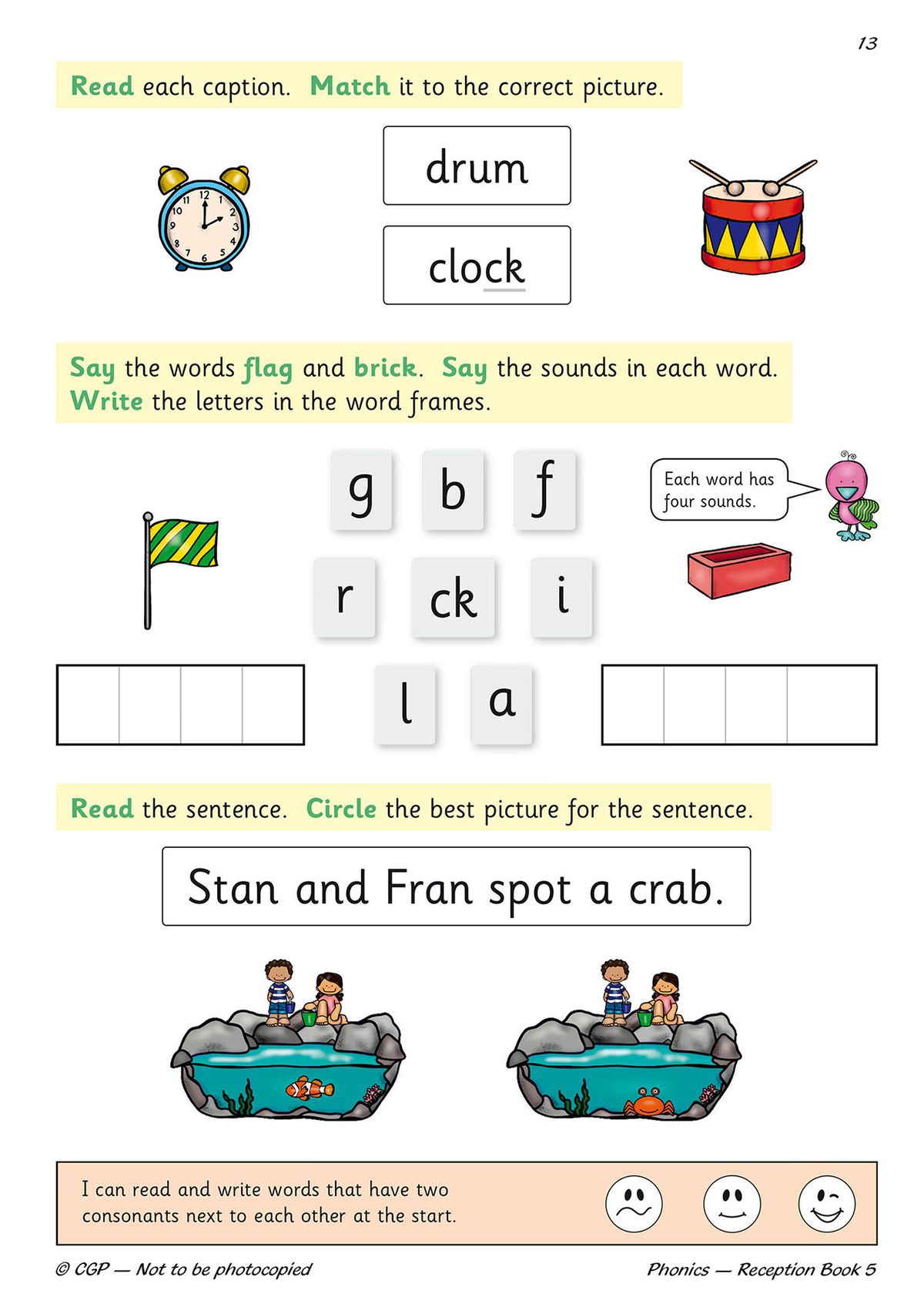 Workbook page demonstrating two-consonant blends with matching and sentence activities