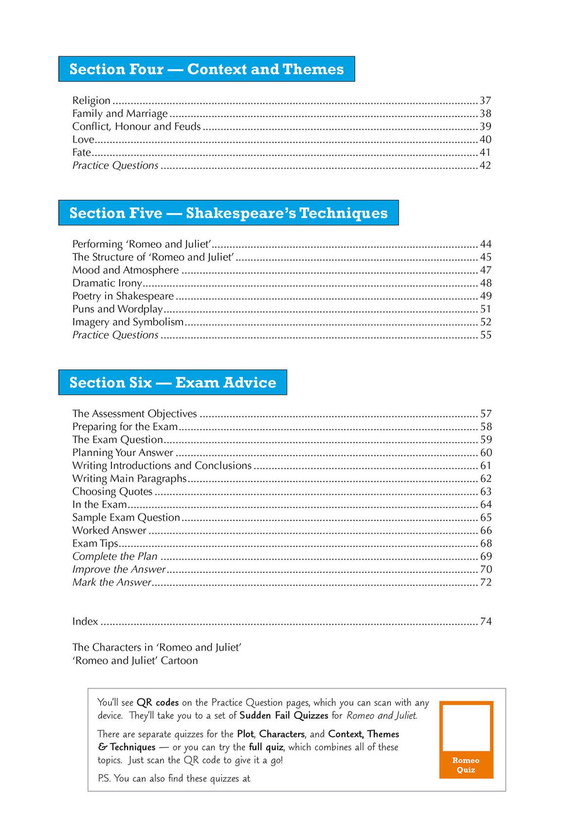 Romeo and Juliet Text Guide contents page showing context and themes