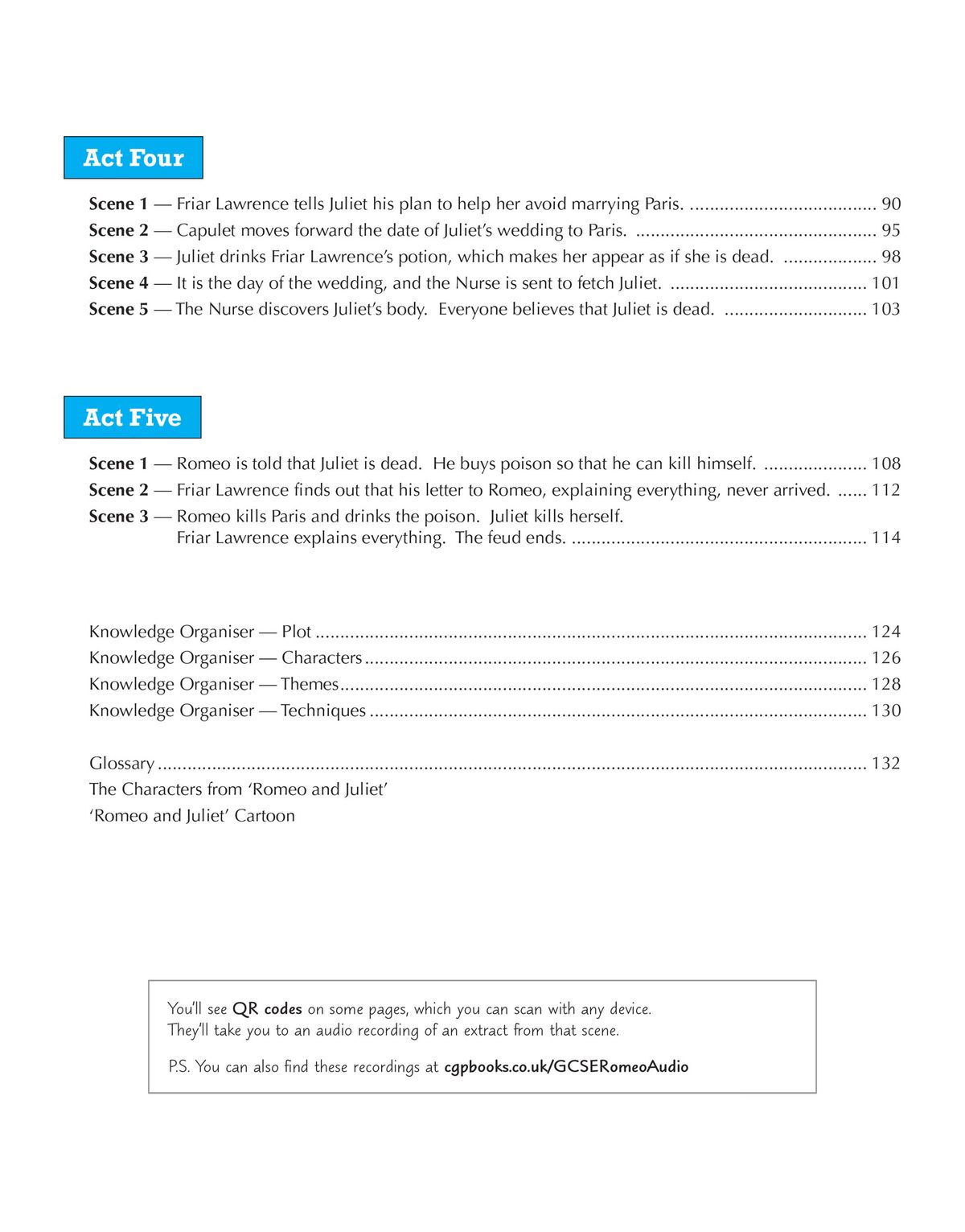 Contents page showing Act Four and Act Five scene summaries, knowledge organisers and glossary