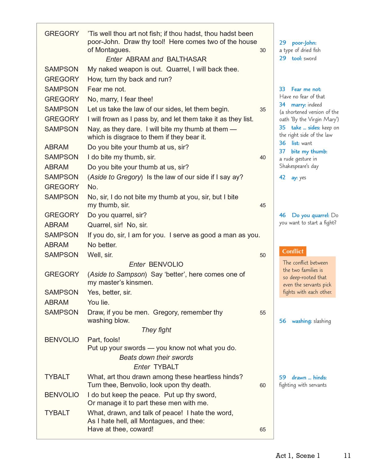 Sample page from Act 1 Scene 1 with character dialogue and margin annotations