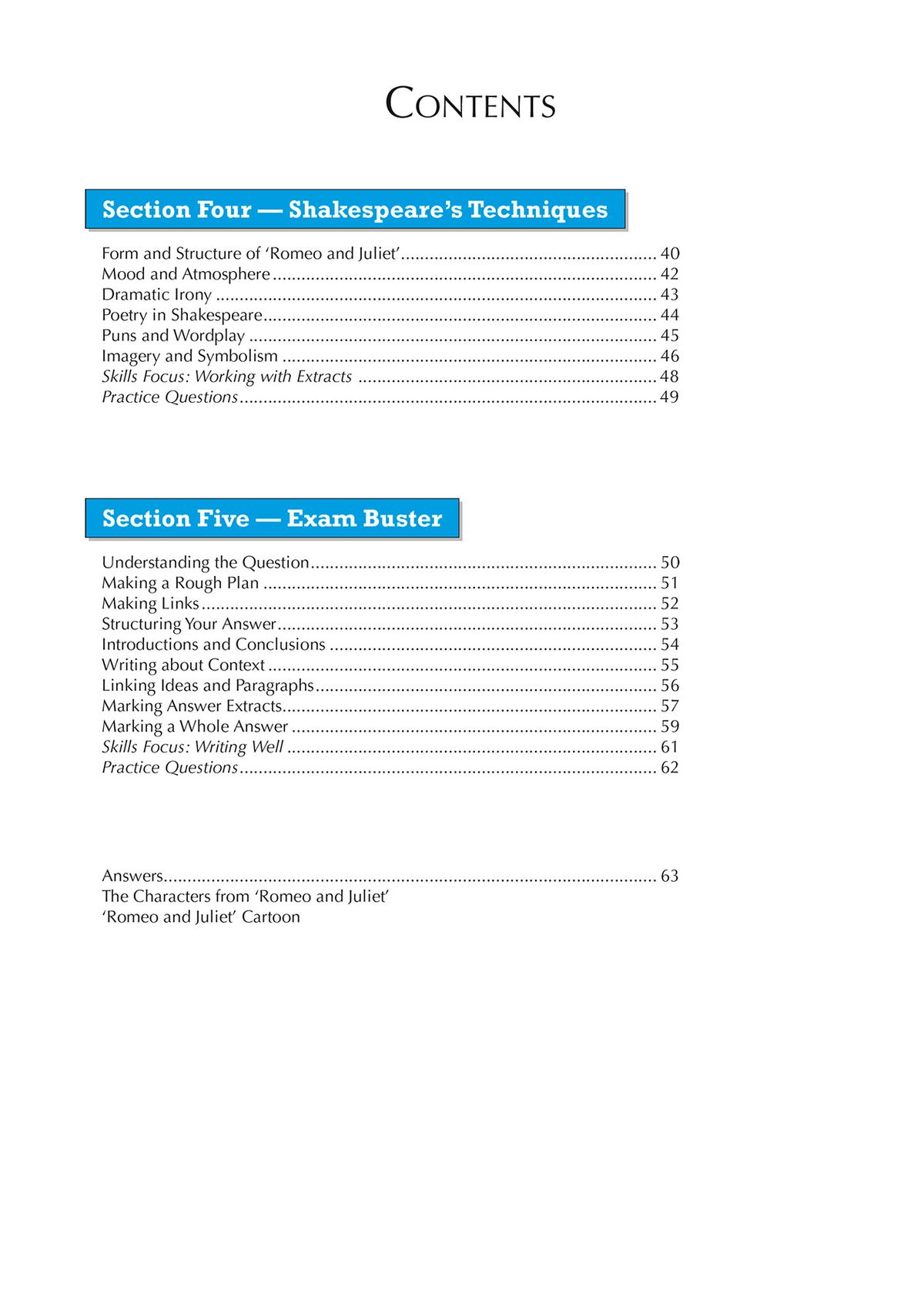 Romeo and Juliet Workbook contents page showing exam skills sections