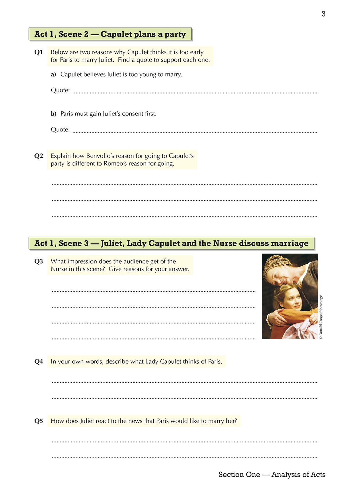 Sample workbook pages showing scene-by-scene questions on Act 1