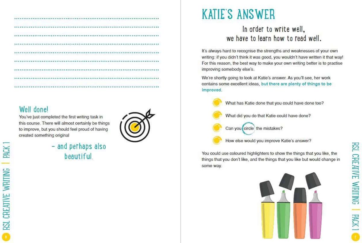 Example page showing annotated student writing with coloured highlighters and improvement suggestions
