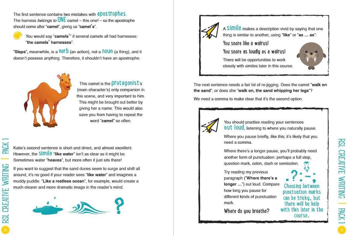 Sample workbook pages explaining similes, punctuation and sentence structure with illustrated examples