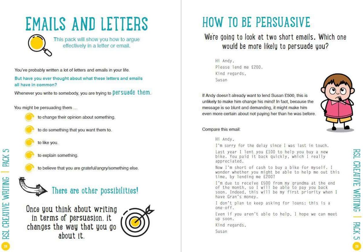 Sample pages showing how to write persuasive emails with example comparisons