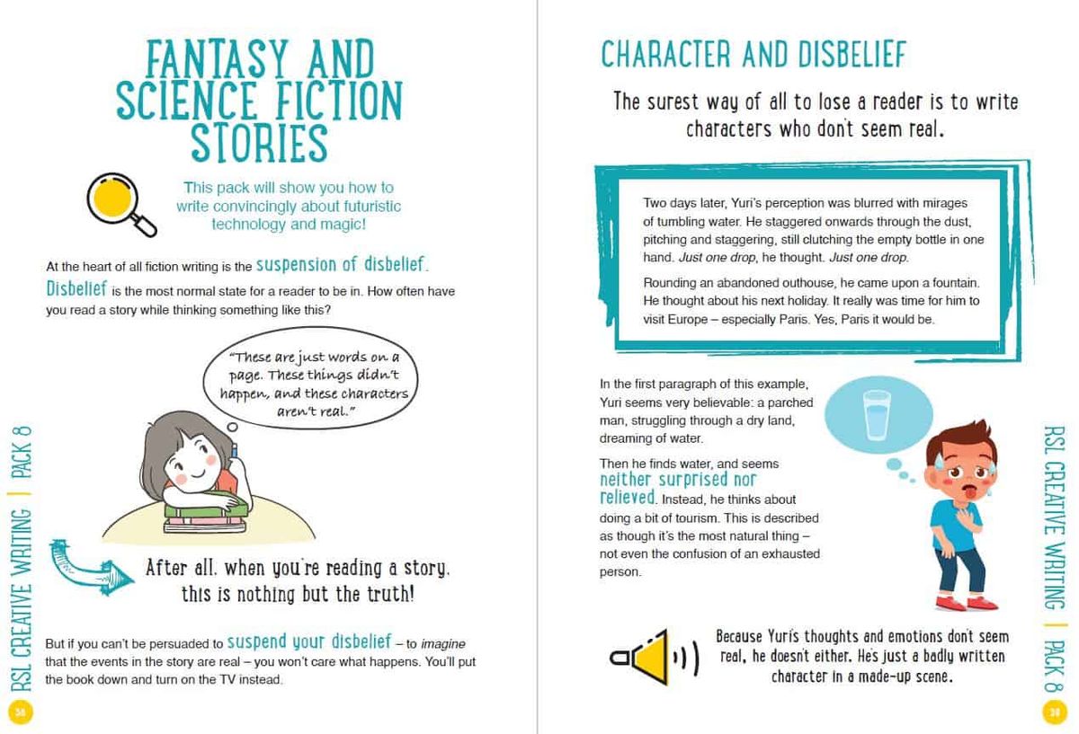 Inside pages on writing fantasy and science fiction with realistic character development