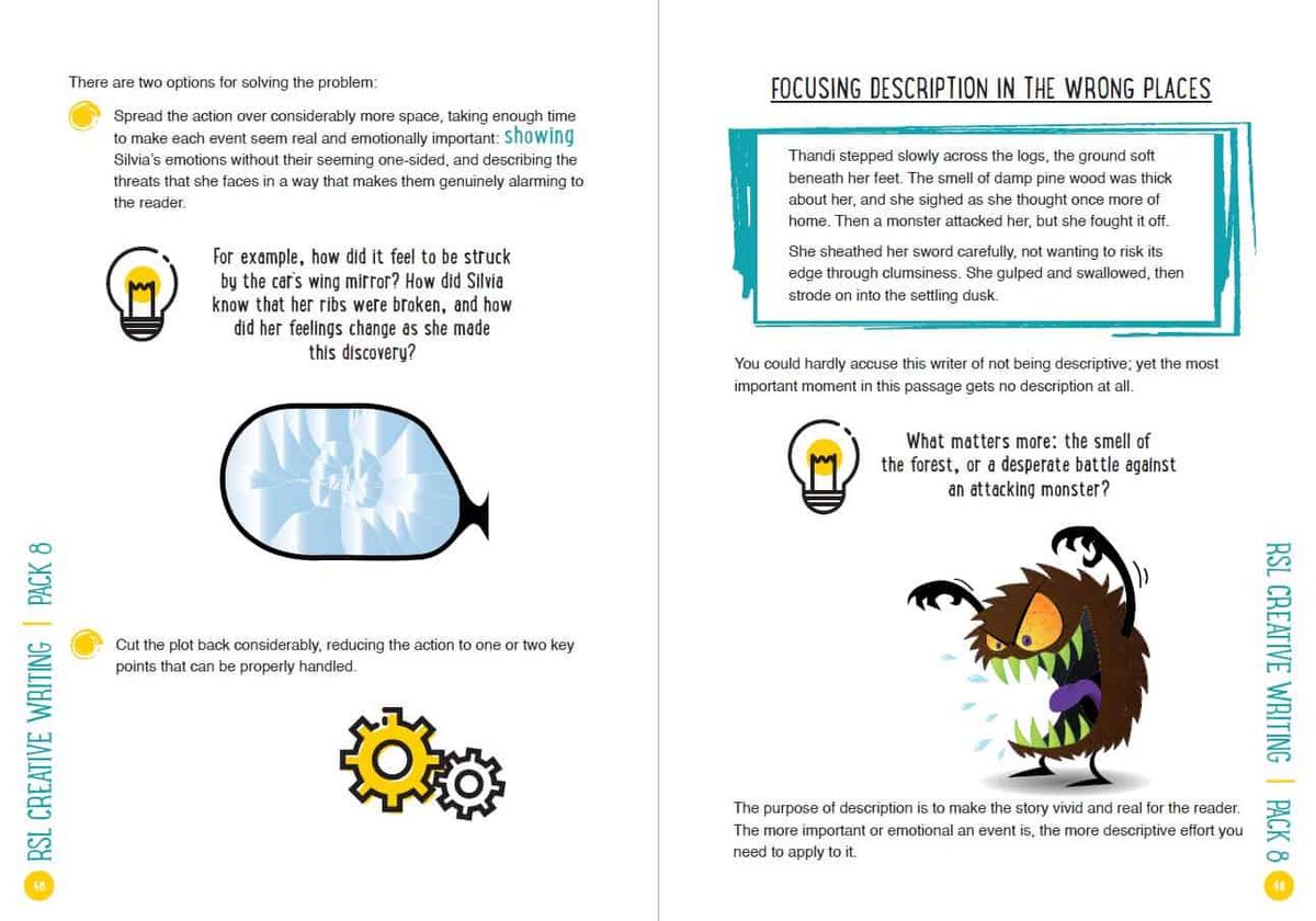 Inside pages showing how to focus description and create believable characters in fiction