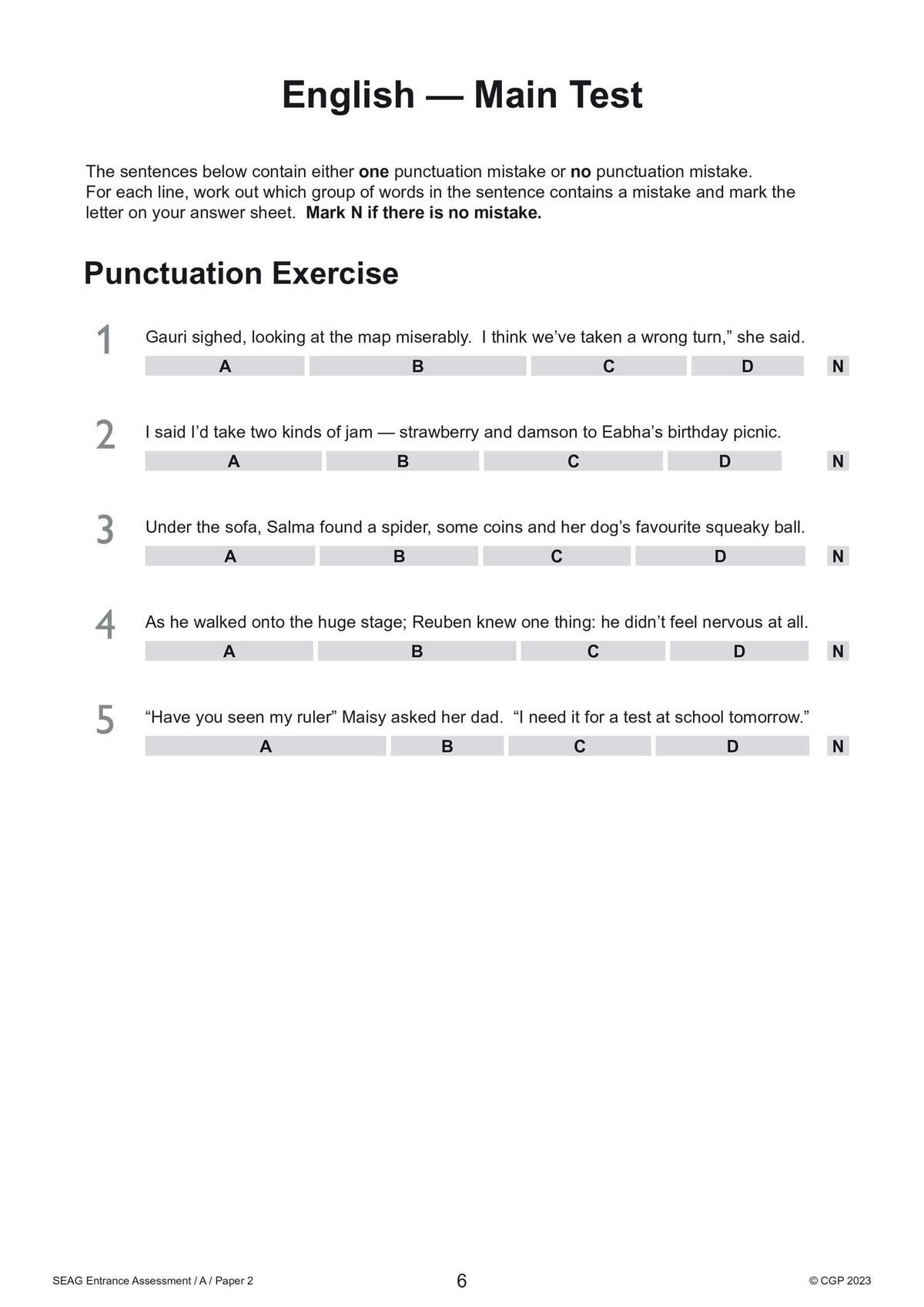 Sample English punctuation exercise page from SEAG practice paper showing multiple-choice questions