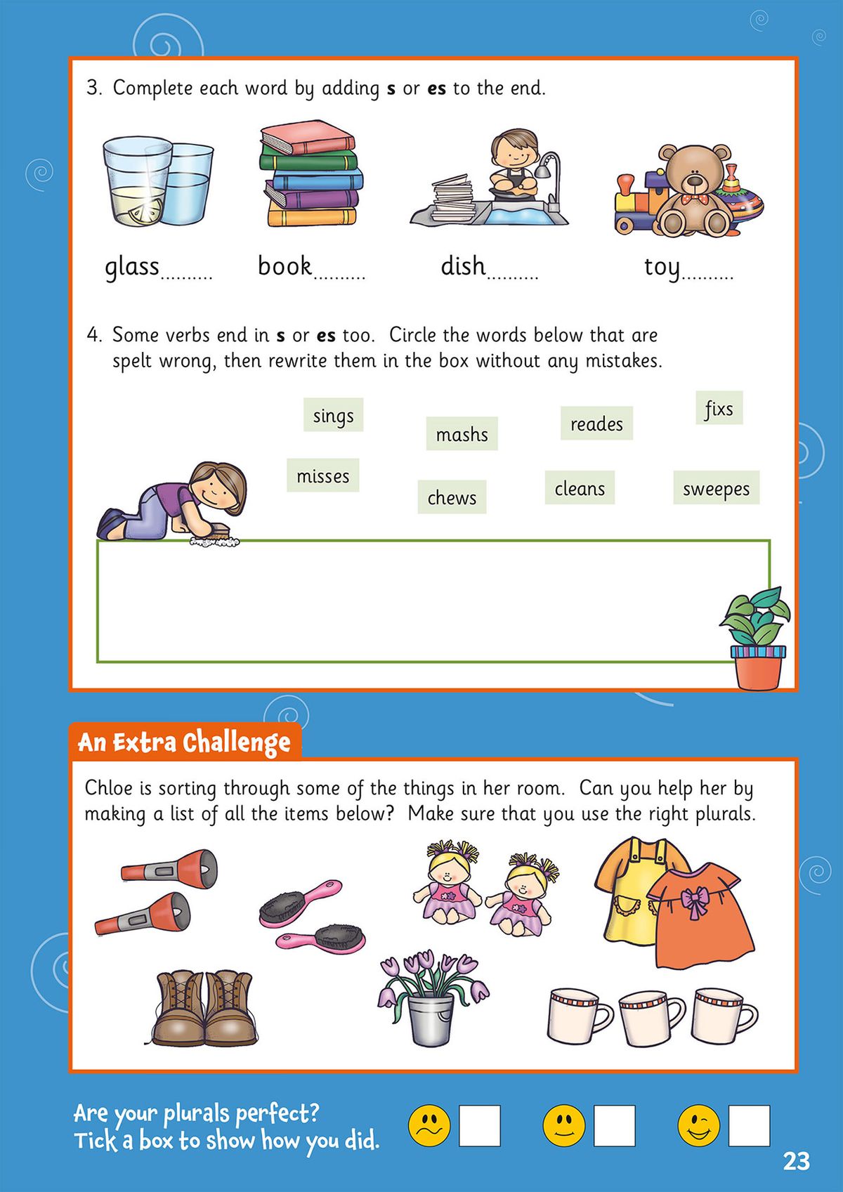 Year 1 spelling activity page showing plurals exercises with colourful illustrations