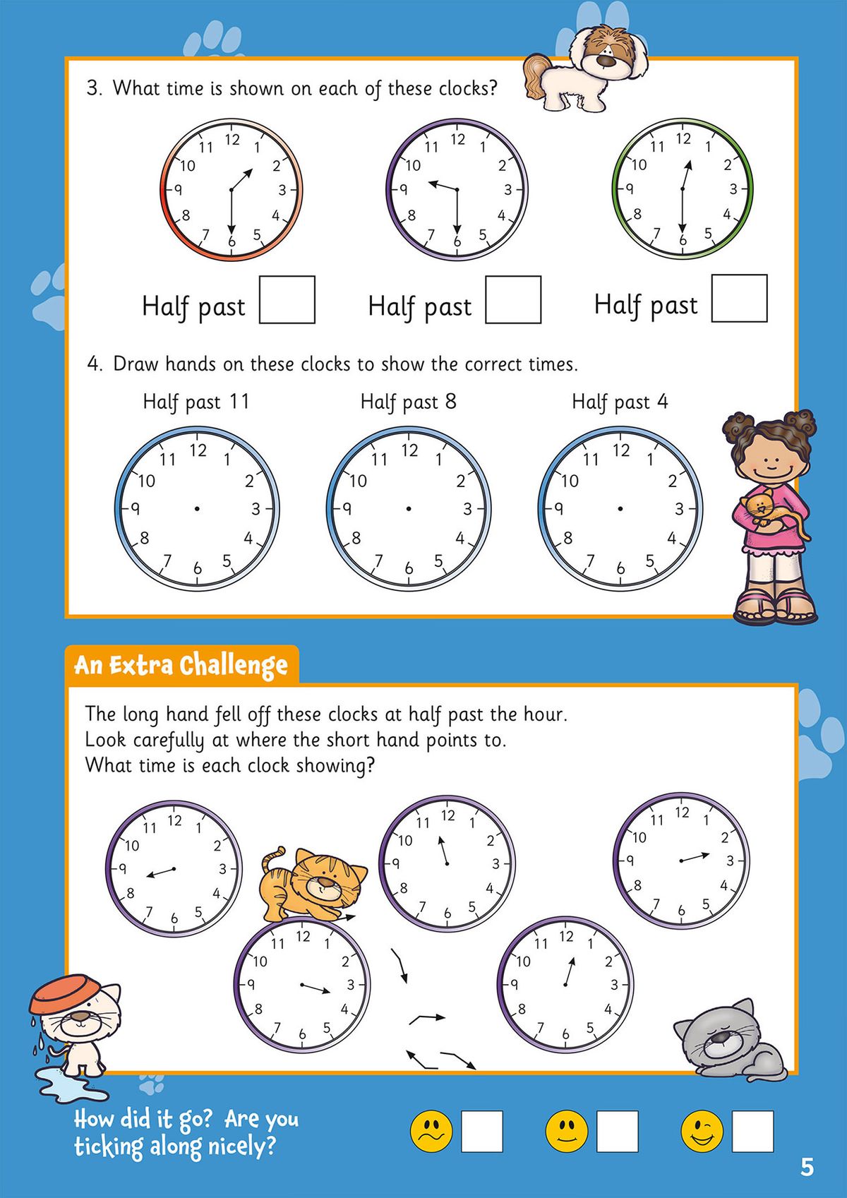 Workbook pages showing reading analogue clocks and drawing clock hands for half past times