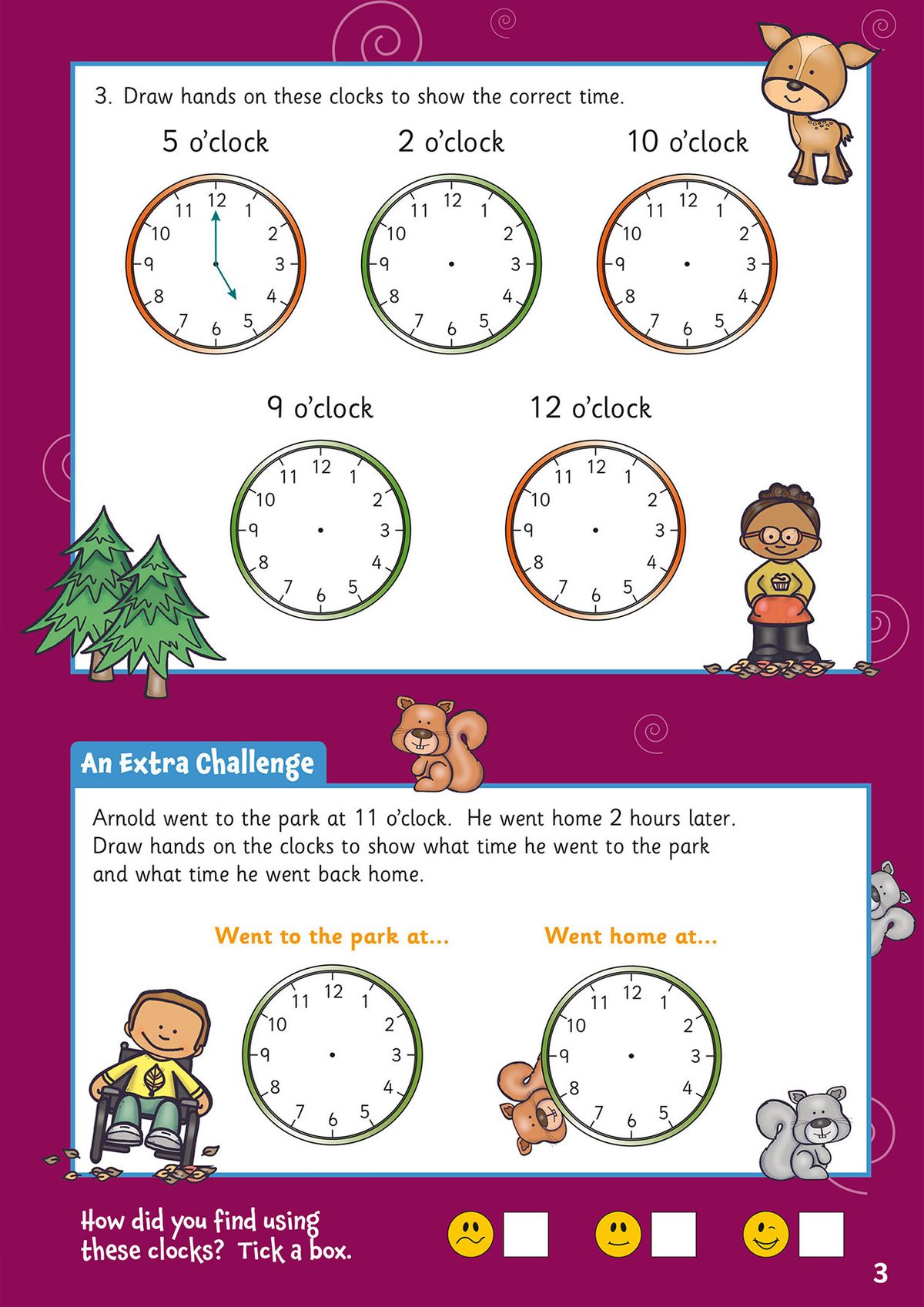 Activity page showing clock-drawing exercises and word problems for telling the time