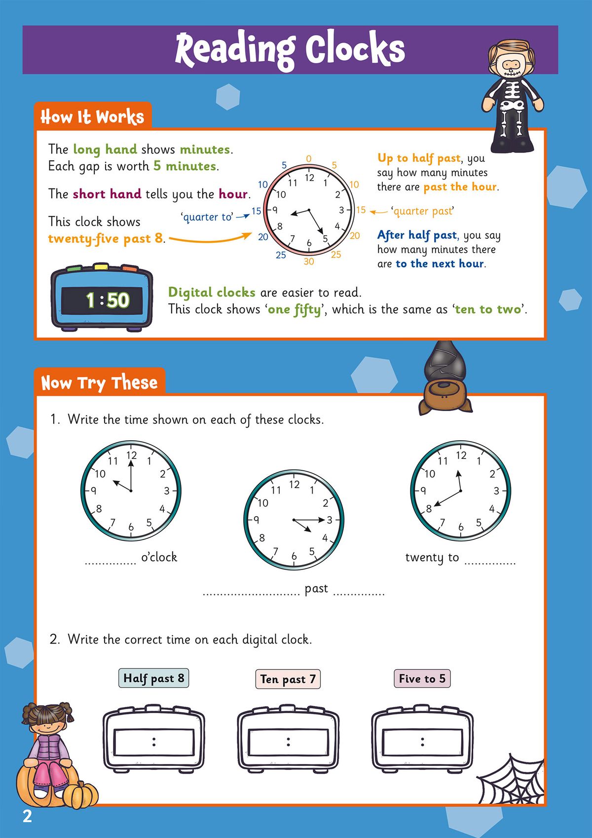 Reading Clocks instruction page with examples of analogue and digital clocks