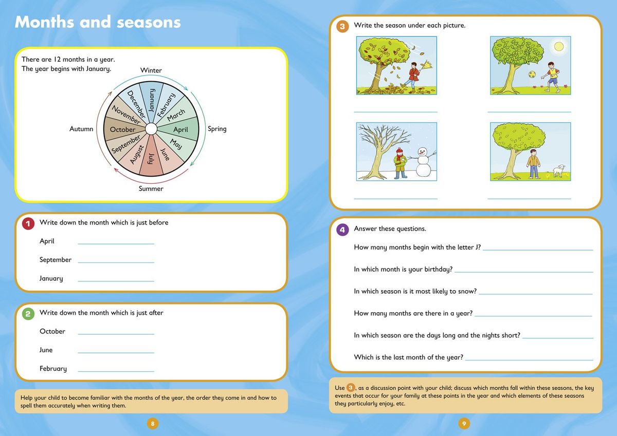 Sample workbook pages showing months, seasons, and time-related questions with colourful illustrations