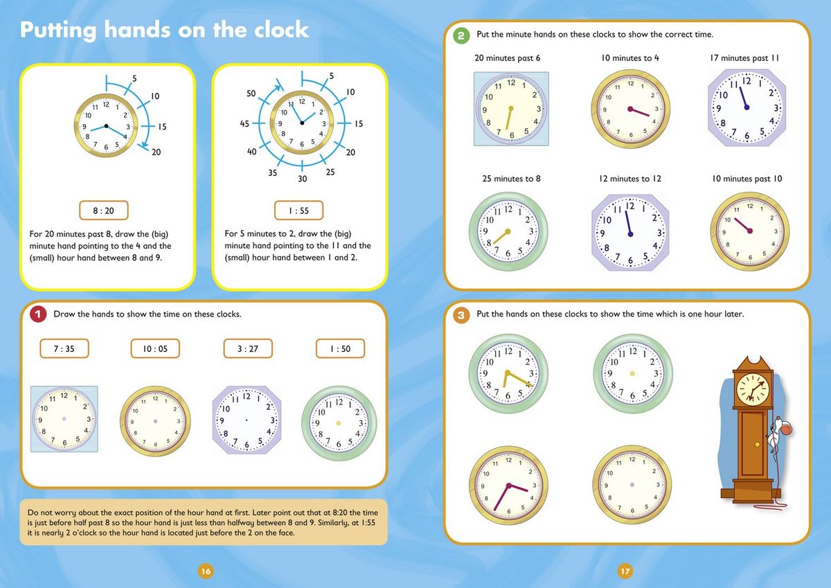 Sample workbook pages showing clock-drawing exercises and time-reading activities