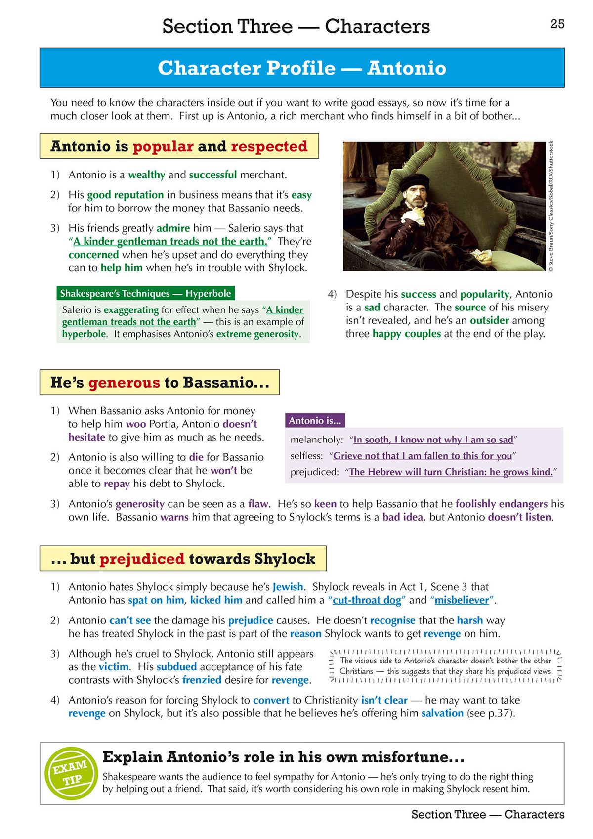 Contents page showing sections on context and themes, Shakespeare's techniques, and exam advice