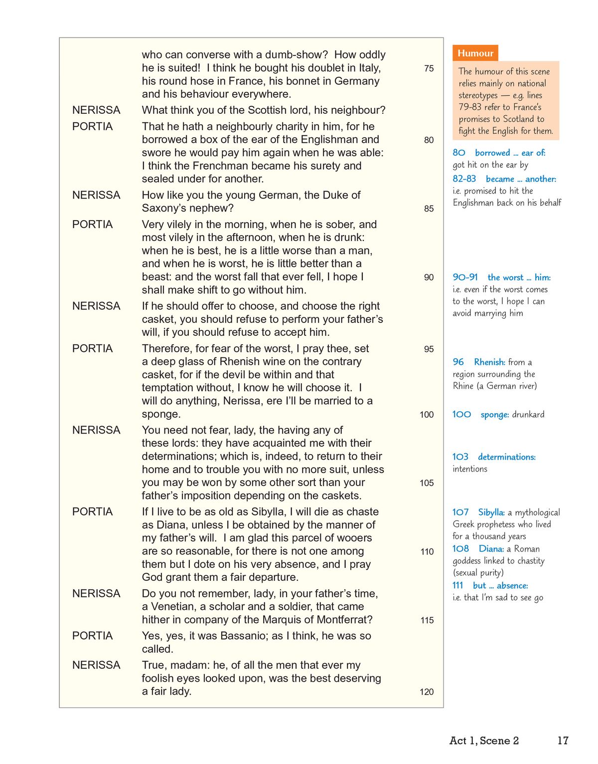 Annotated page from The Merchant of Venice showing dialogue between Nerissa and Portia with margin notes explaining vocabulary and context