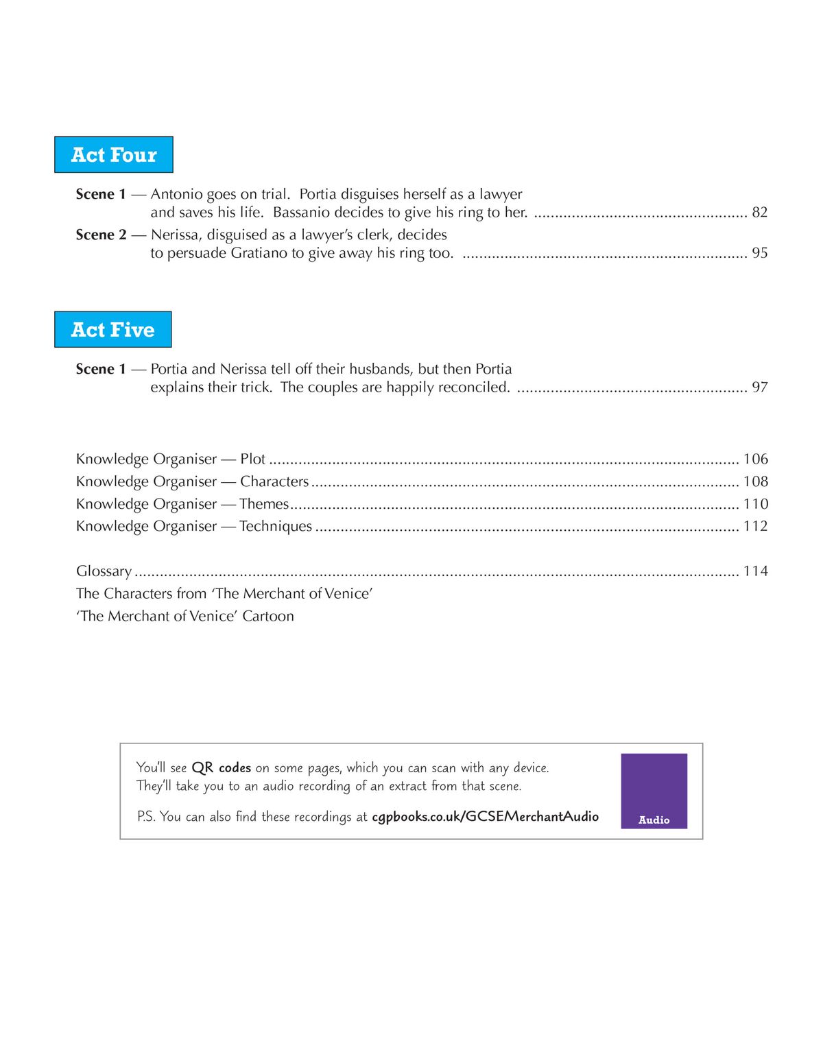 Contents page showing Act Four and Act Five scene summaries, knowledge organisers covering plot, characters, themes and techniques, plus information about QR code audio access