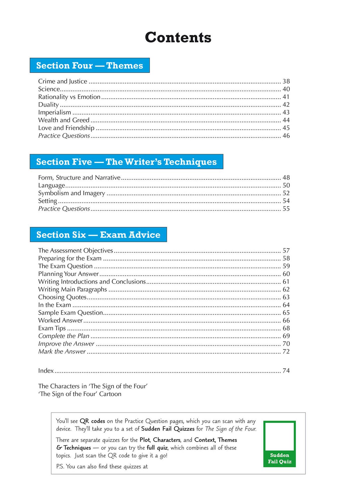 Contents page showing detailed breakdown of themes, writer's techniques, and exam advice sections