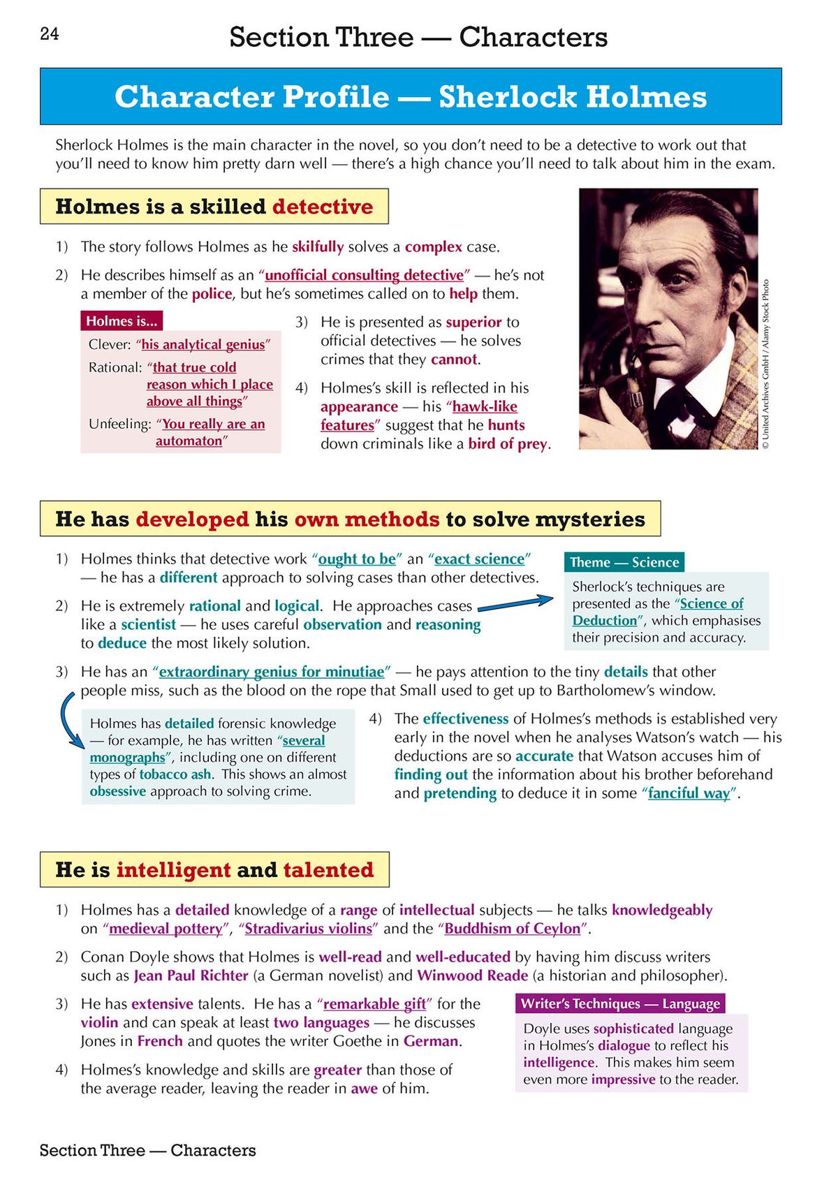 Character profile page for Sherlock Holmes showing annotated analysis with highlighted quotations and themes