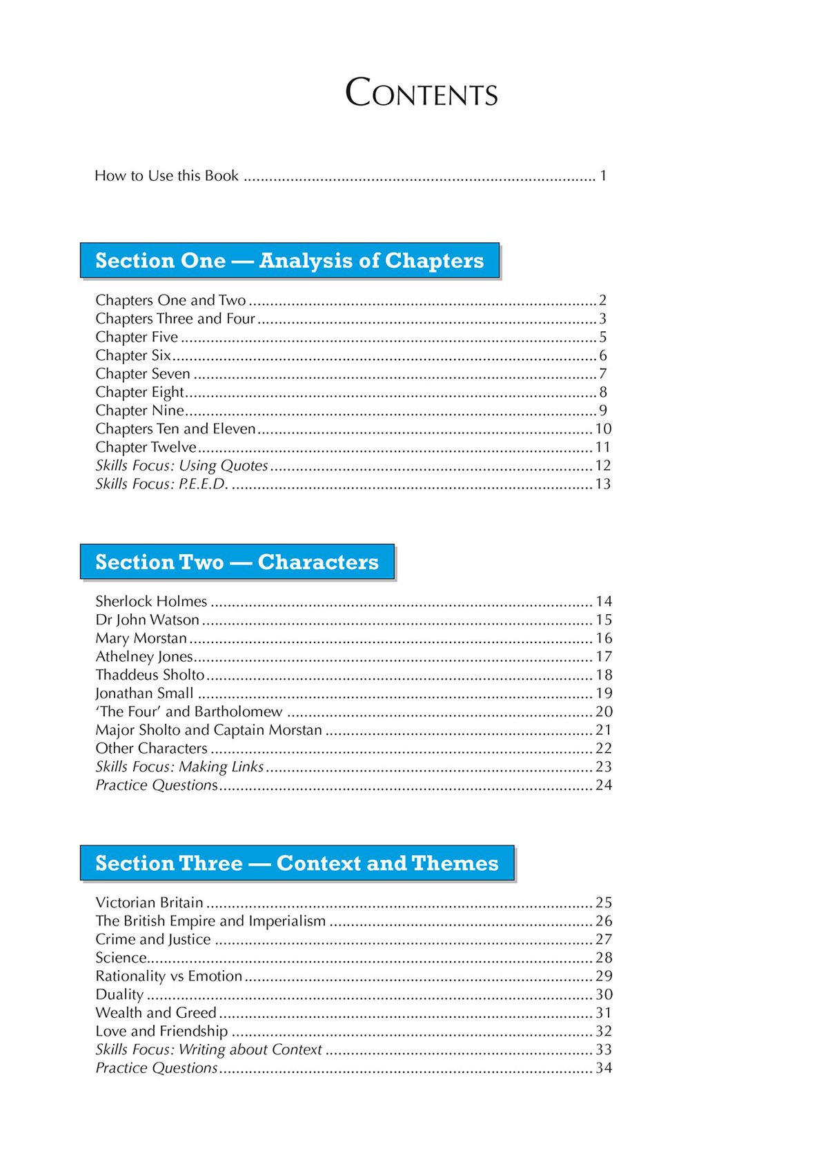 The Sign of the Four Workbook contents page showing analysis, characters, context and practice sections