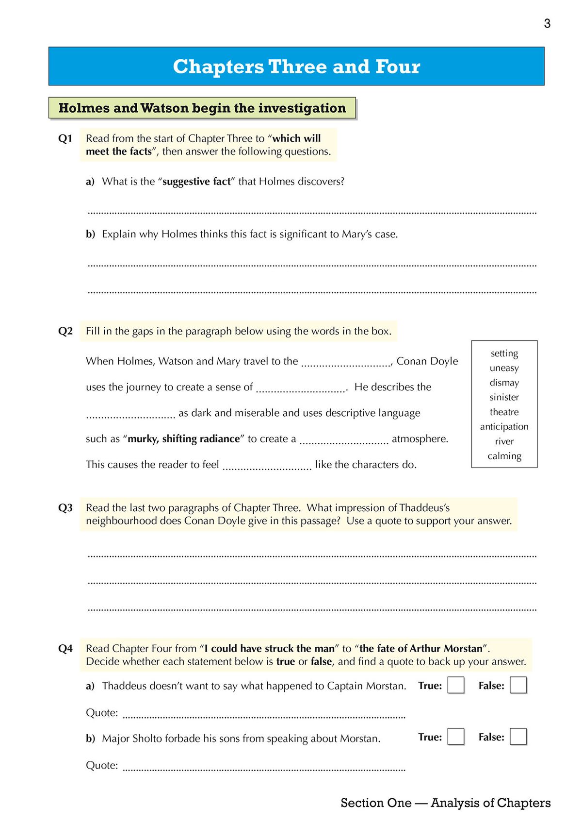 Inside page showing chapter analysis questions for The Sign of the Four