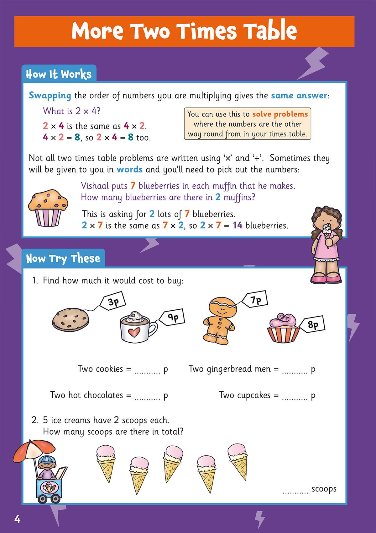 Times tables explanation page with colourful worked examples