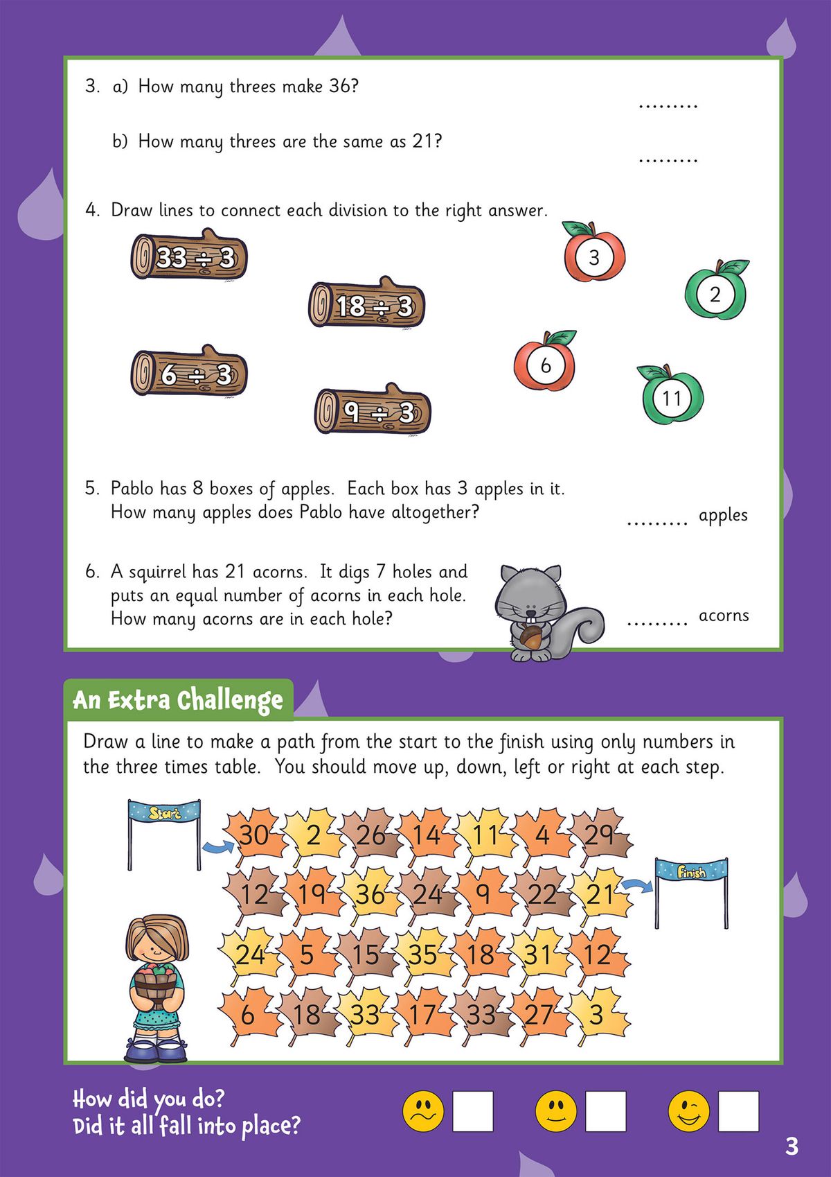 Sample page from the times tables activity book showing multiplication and division questions with colourful illustrations
