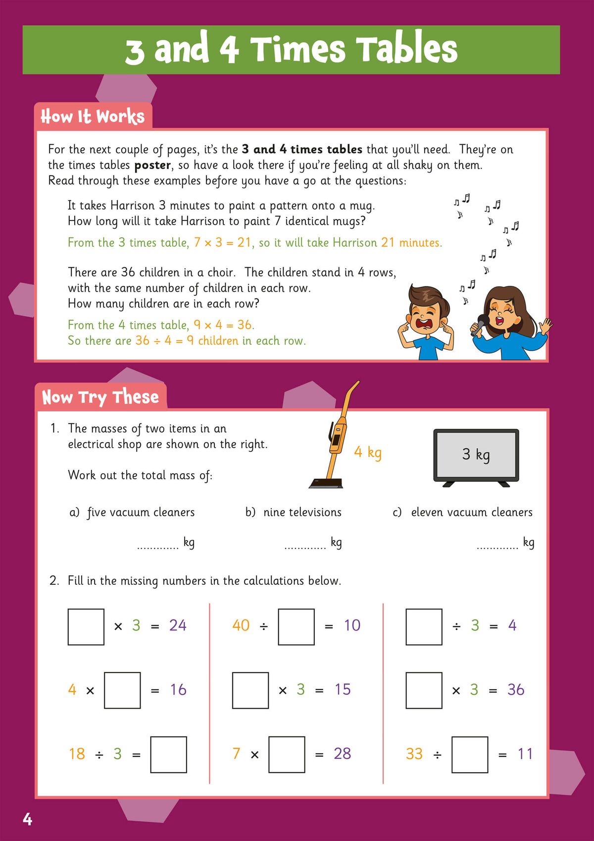 Worked examples showing 3 and 4 times tables with word problems and practice calculations