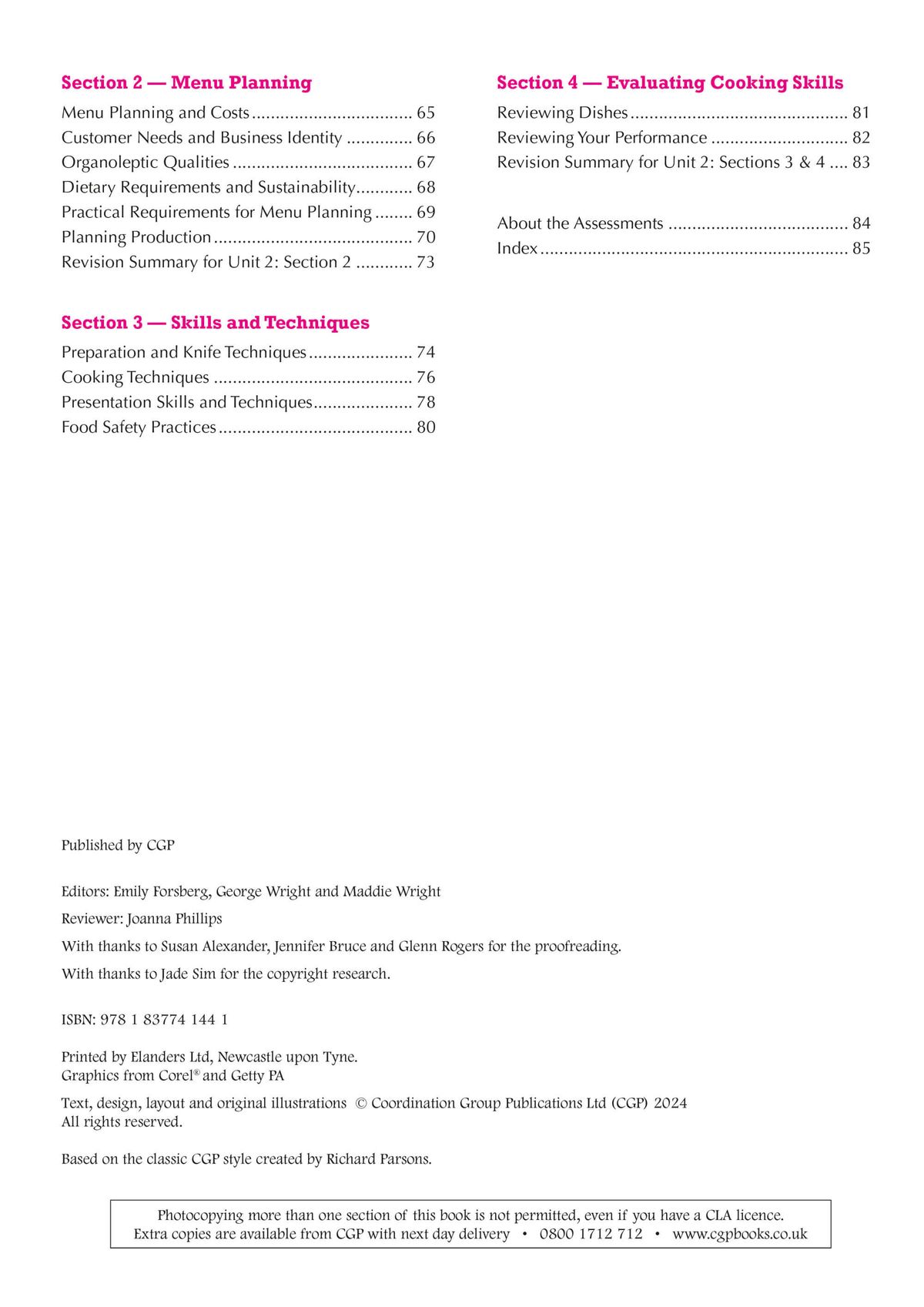 Contents page listing all sections including Menu Planning and Evaluating Cooking Skills