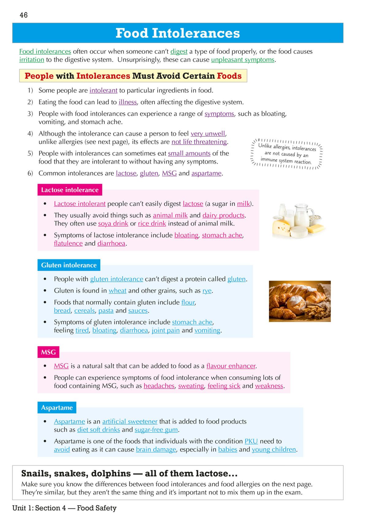 Sample page showing food intolerances content with colour-coded sections and images