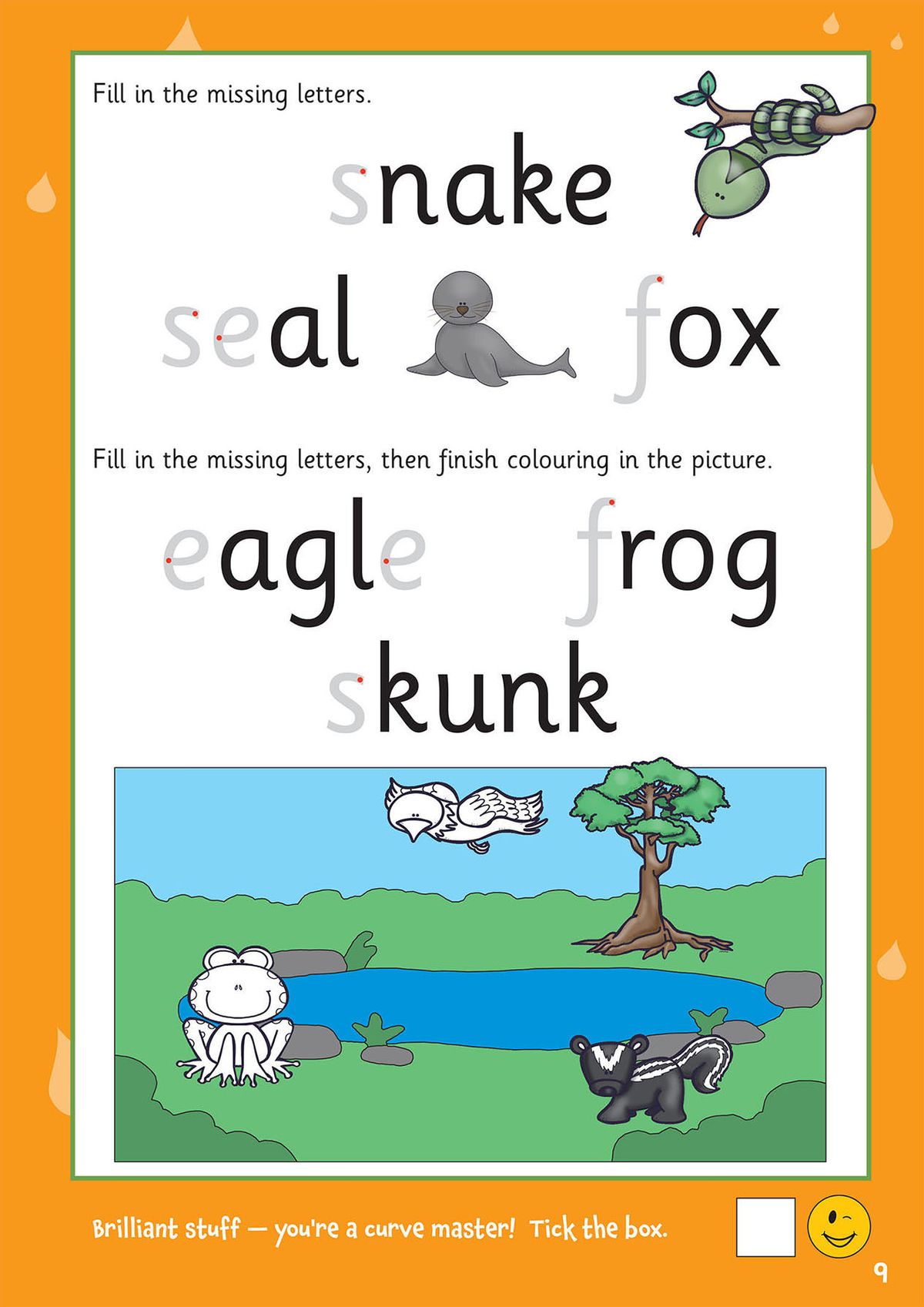 Activity page with missing letter exercises and a colouring scene
