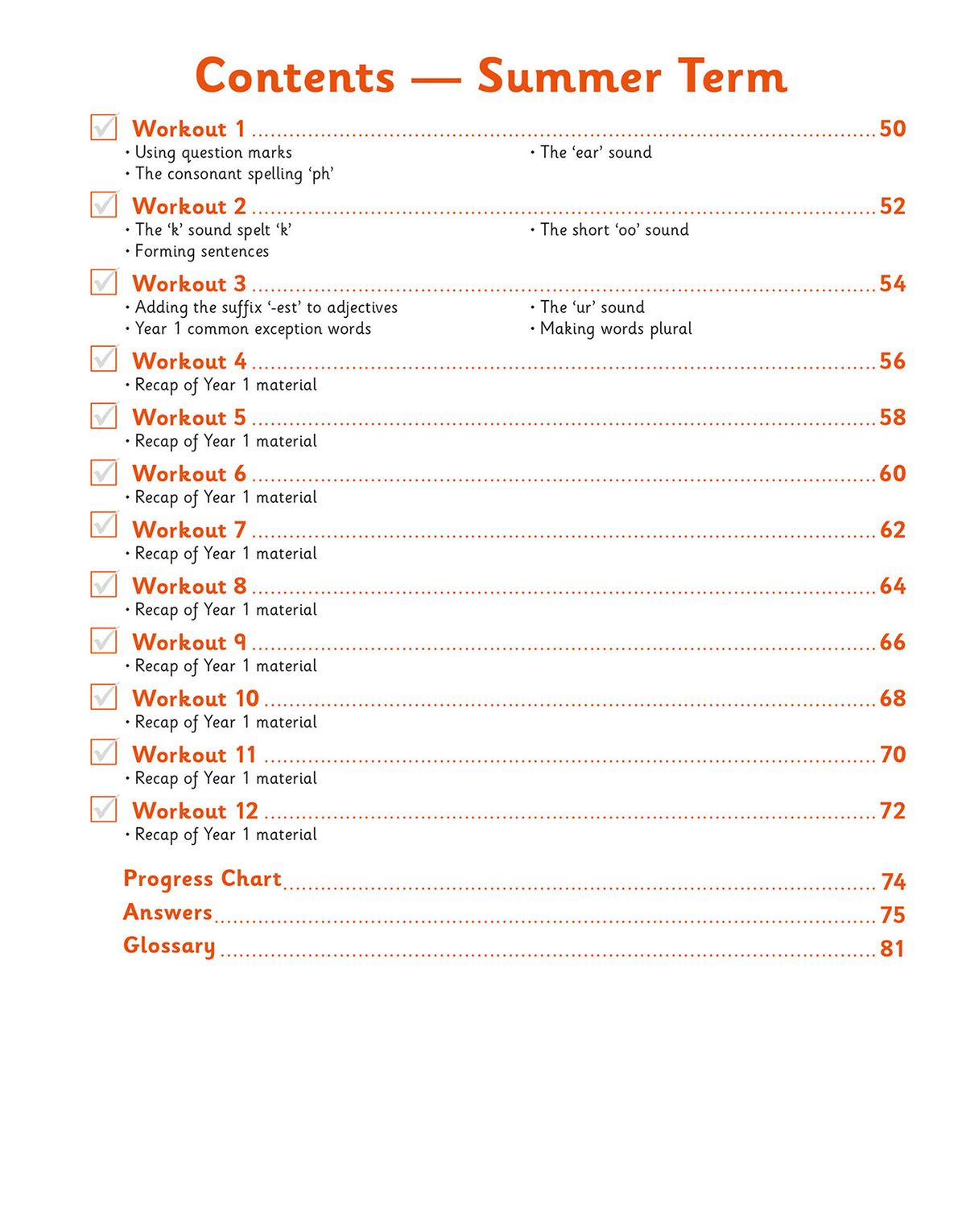 Contents page showing the summer term workout schedule with topics including spelling, grammar, and recap exercises