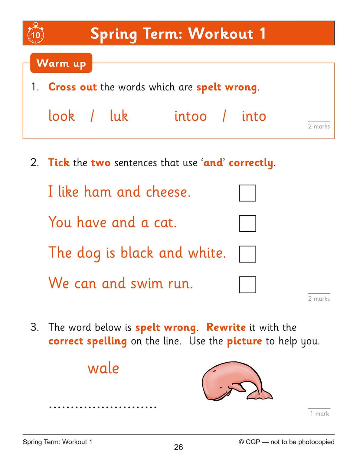 Sample workout page showing warm-up questions on spelling and sentence construction with tick boxes and visual aids