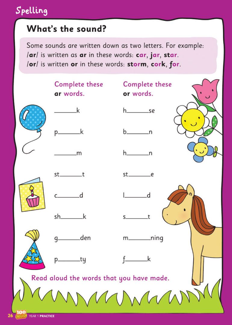 Year 1 English workbook spelling activity page featuring sound patterns and word completion exercises