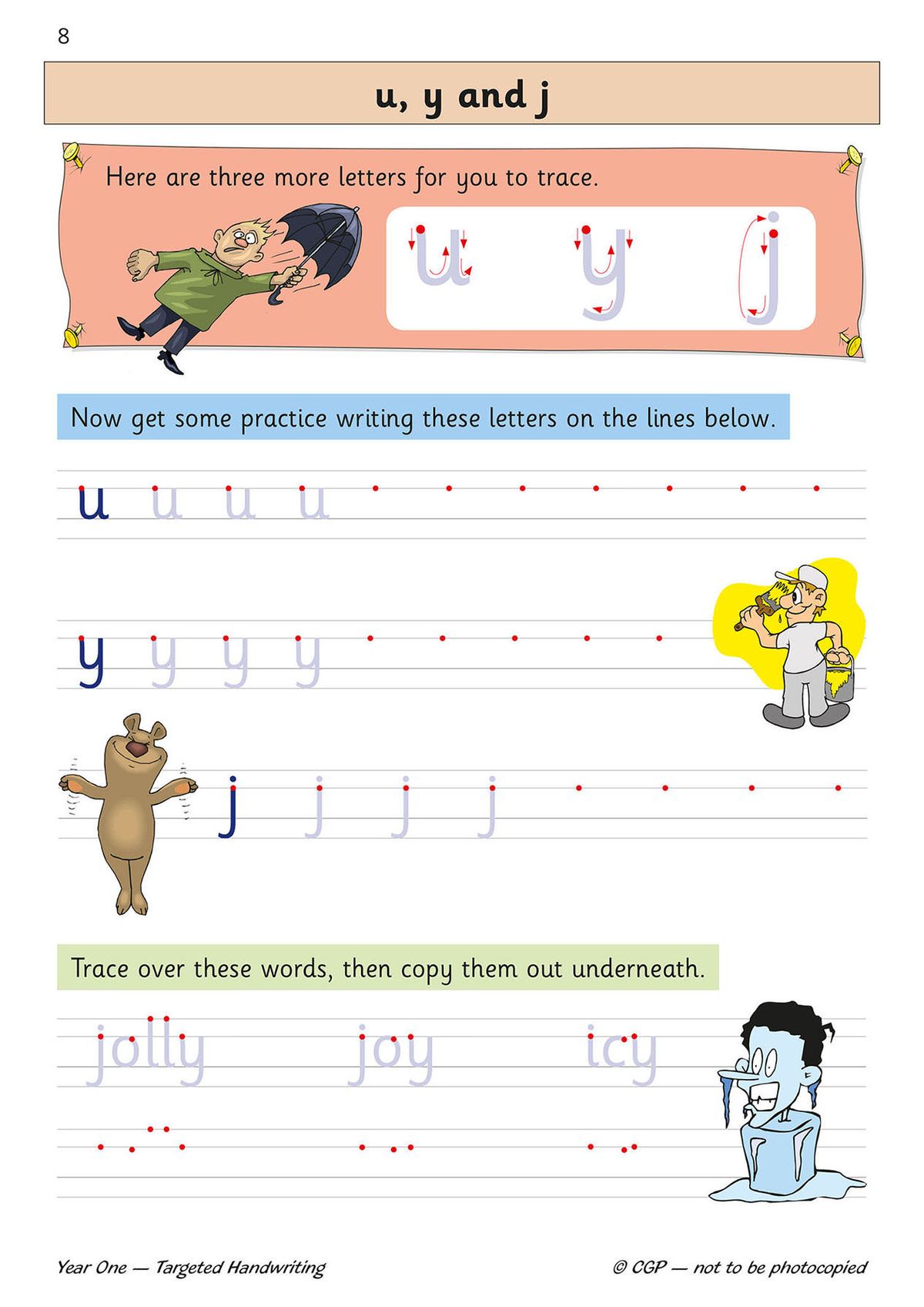 Sample page showing letter formation for u, y and j with tracing guides and practice lines