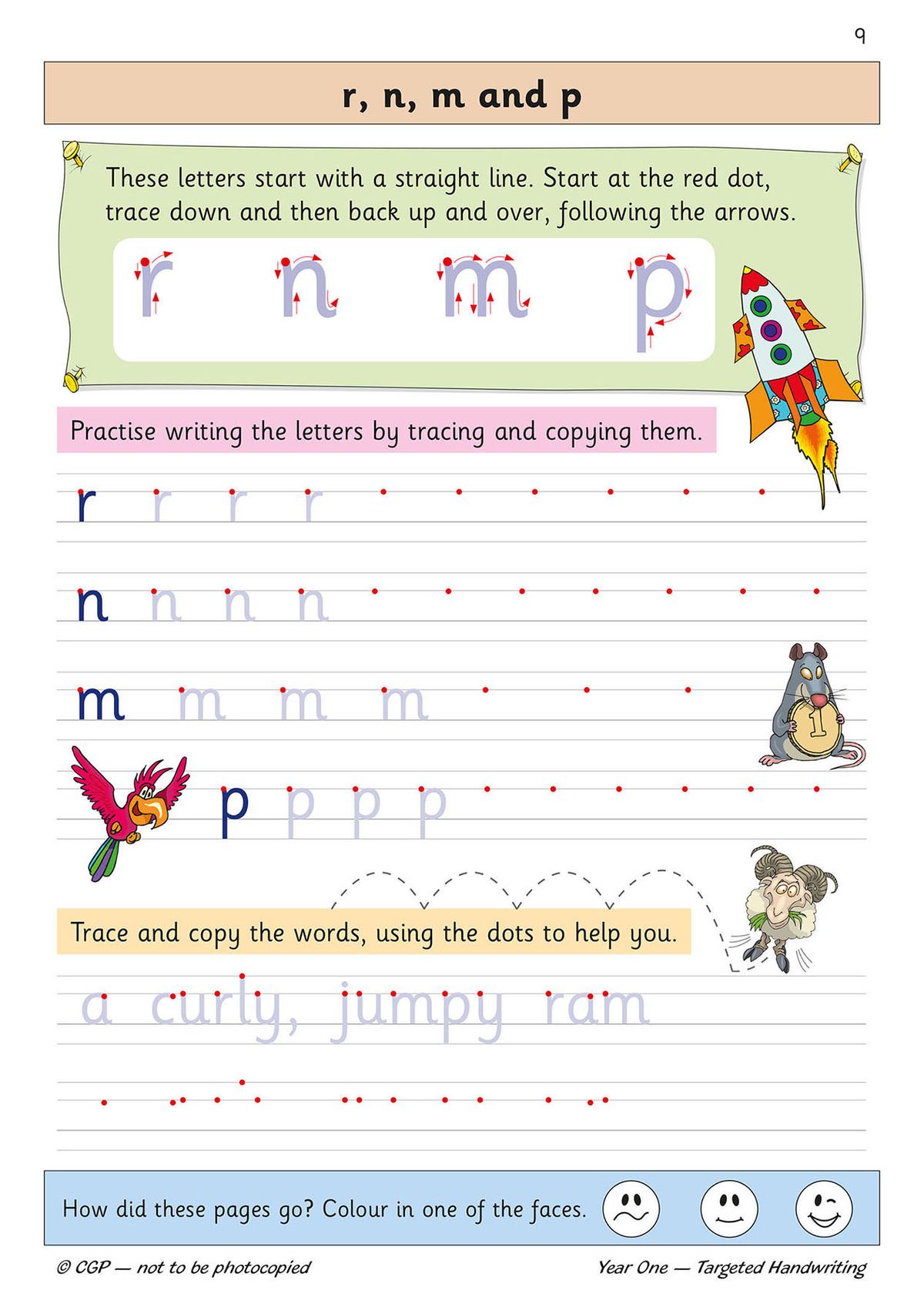 Sample page showing letter formation for r, n, m and p with tracing and copying exercises