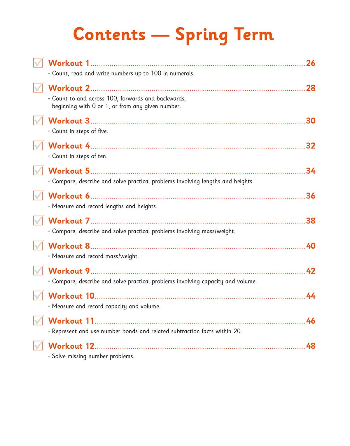 Contents page showing weekly workouts for Spring Term