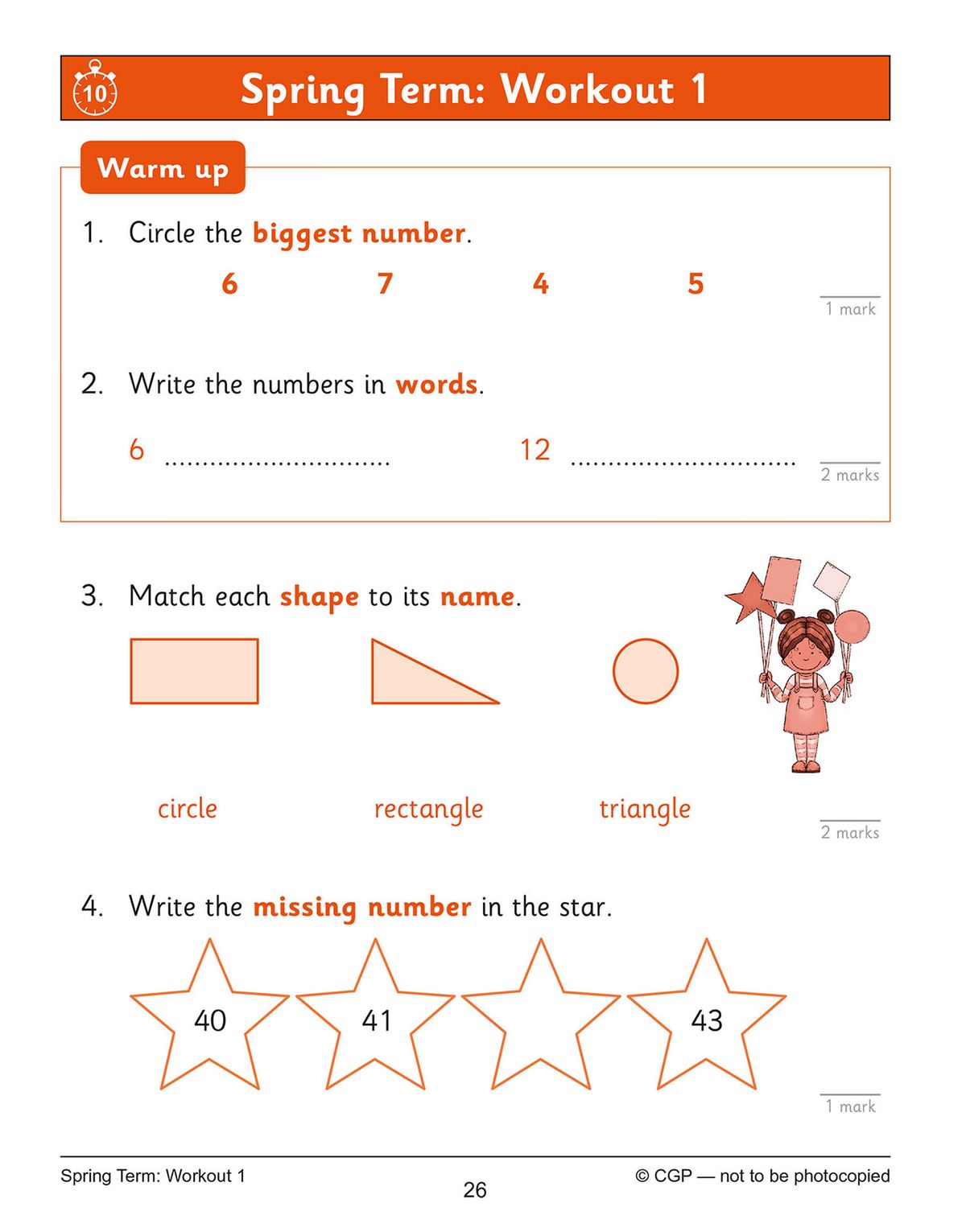 Sample workout page with warm-up questions and shape matching