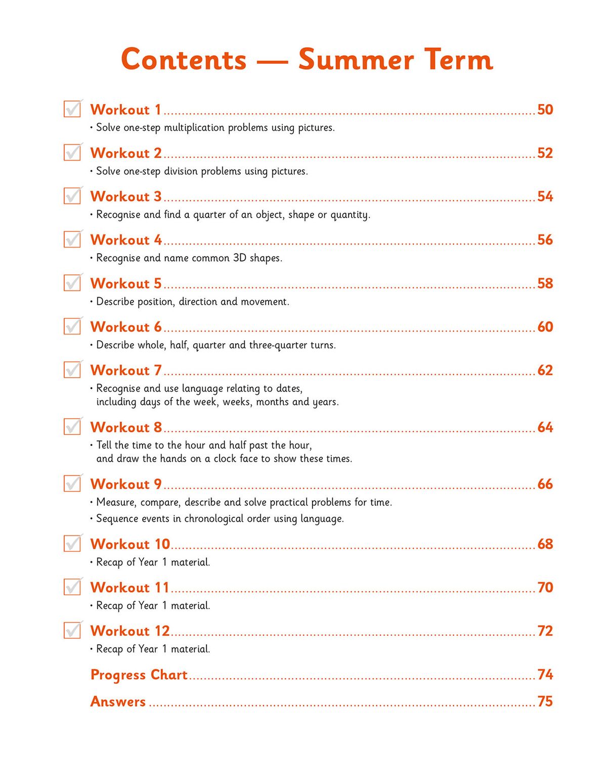 Year 1 Maths 10-Minute Weekly Workouts contents page for Summer Term